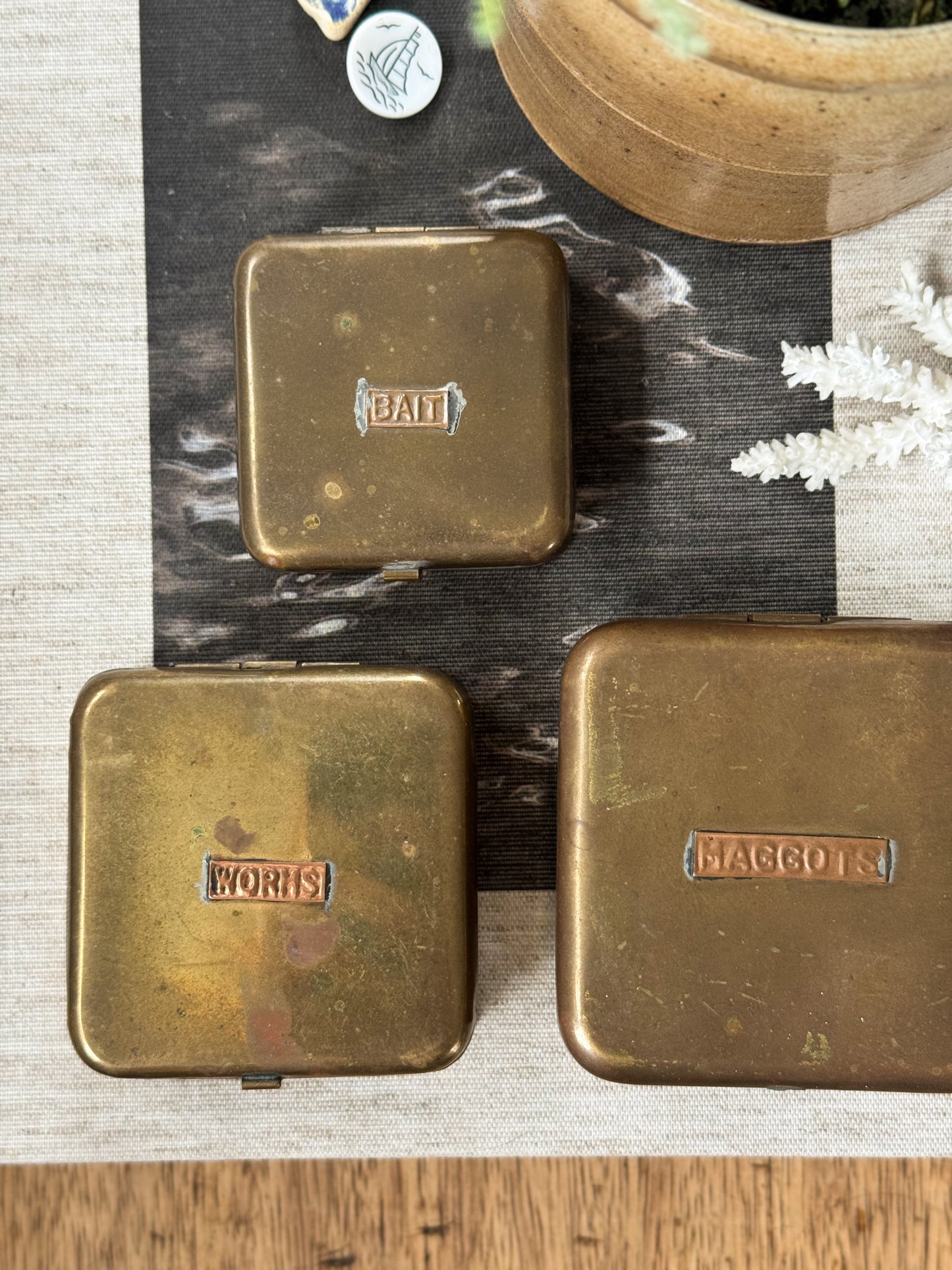 Antique Copper & Brass Fishing Bait Boxes - Set of Three