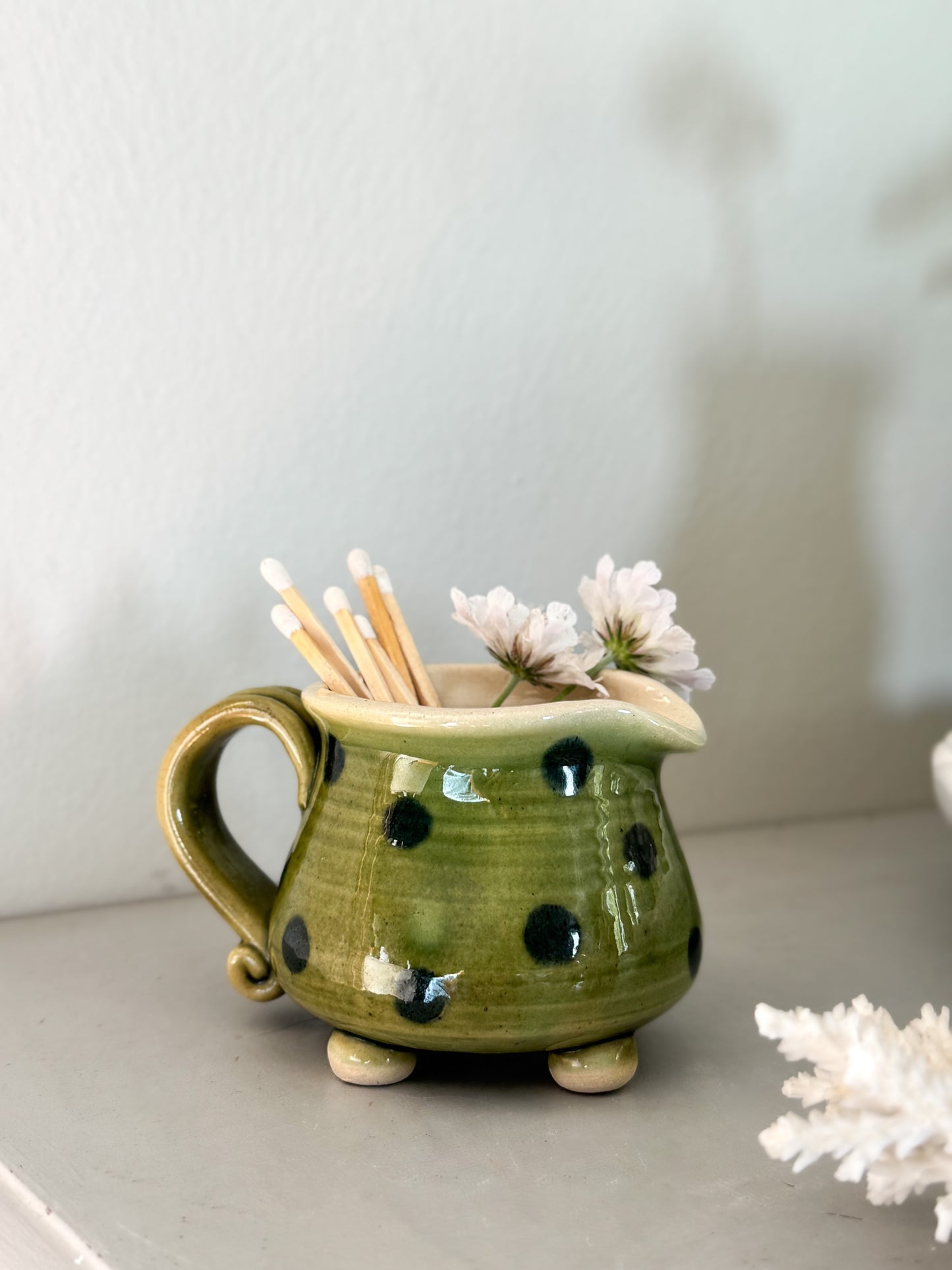 Vintage Olive Green Polka Dot Footed Creamer / Match Pot