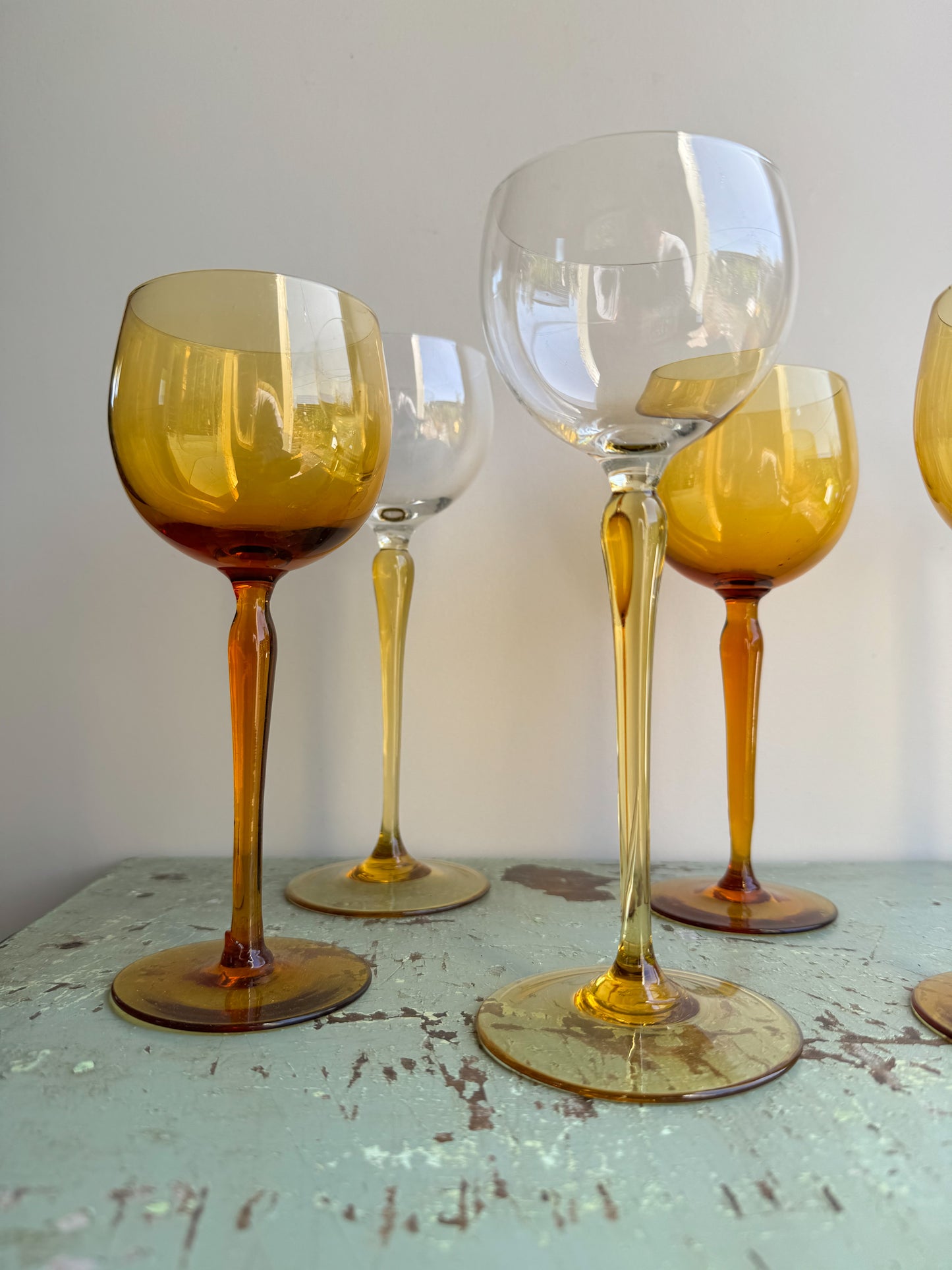 Mismatched Handblown Amber Hock Glasses (Set of 6)