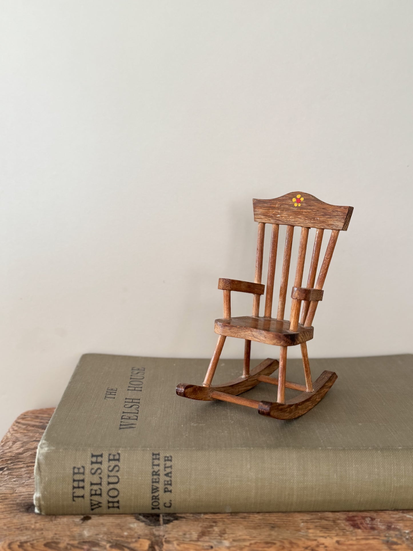 Vintage Handmade Wooden Miniature Rocking Chair with Painted Flower