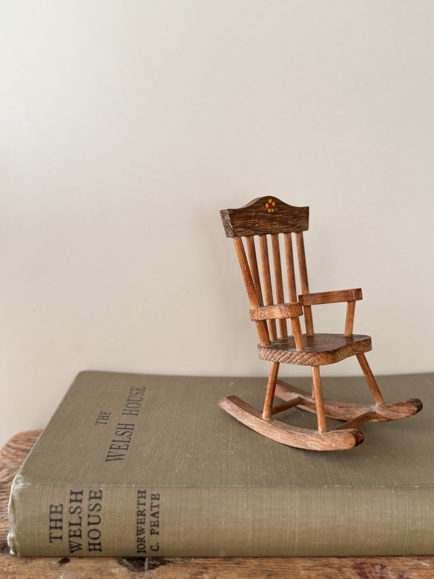 Vintage Handmade Wooden Miniature Rocking Chair with Painted Flower