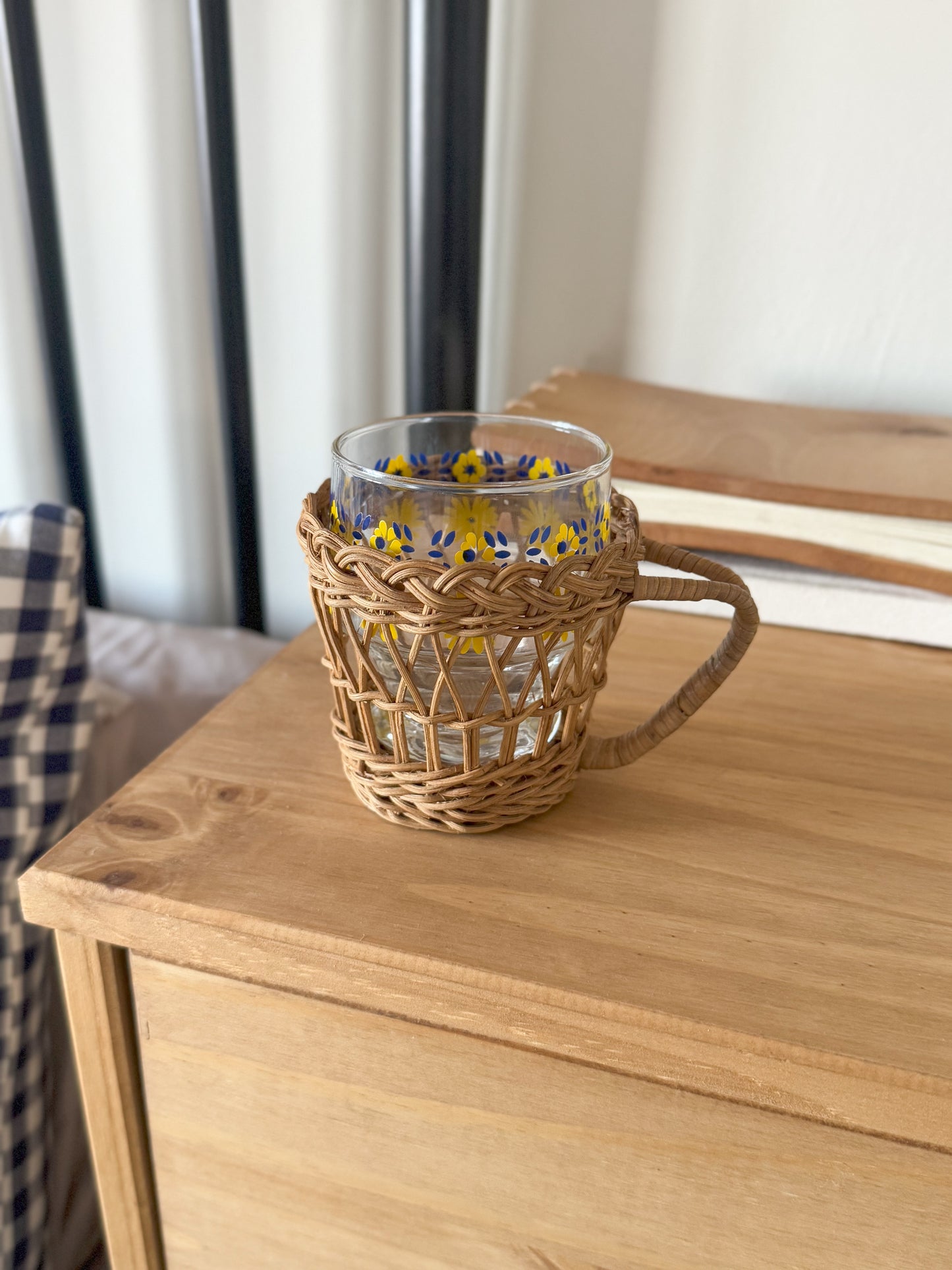 Vintage Midcentury Handblown Floral Drinking Tumbler with Wicker Casing