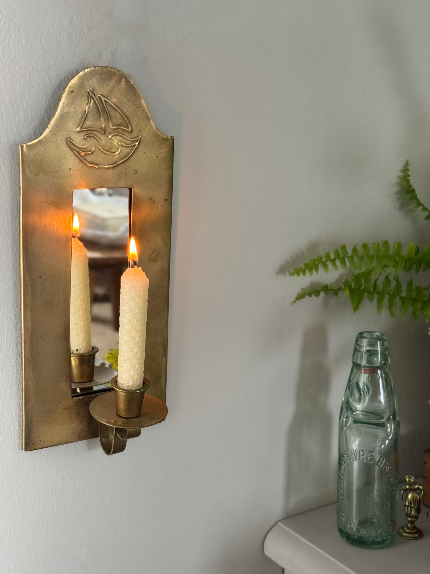 Vintage Brass Sailing Ship Mirrored Wall Sconce