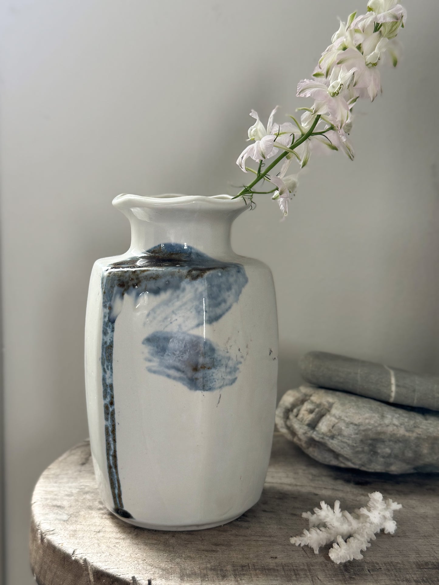 Vintage Studio Pottery Vase with Watercolour Blue Brushwork & Ruffled Rim