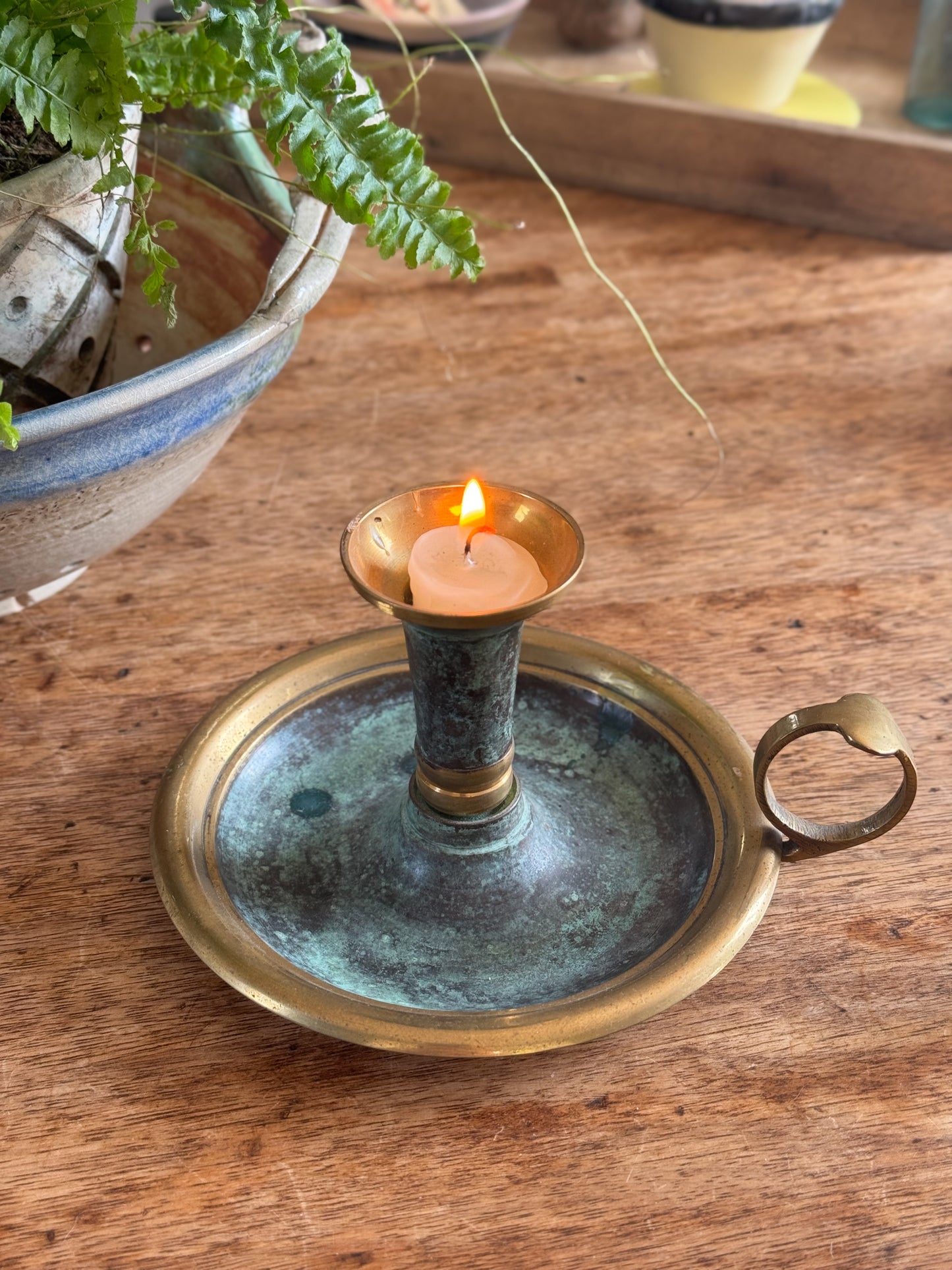 Vintage Solid Brass Chamberstick with Natural Verdigris Patina