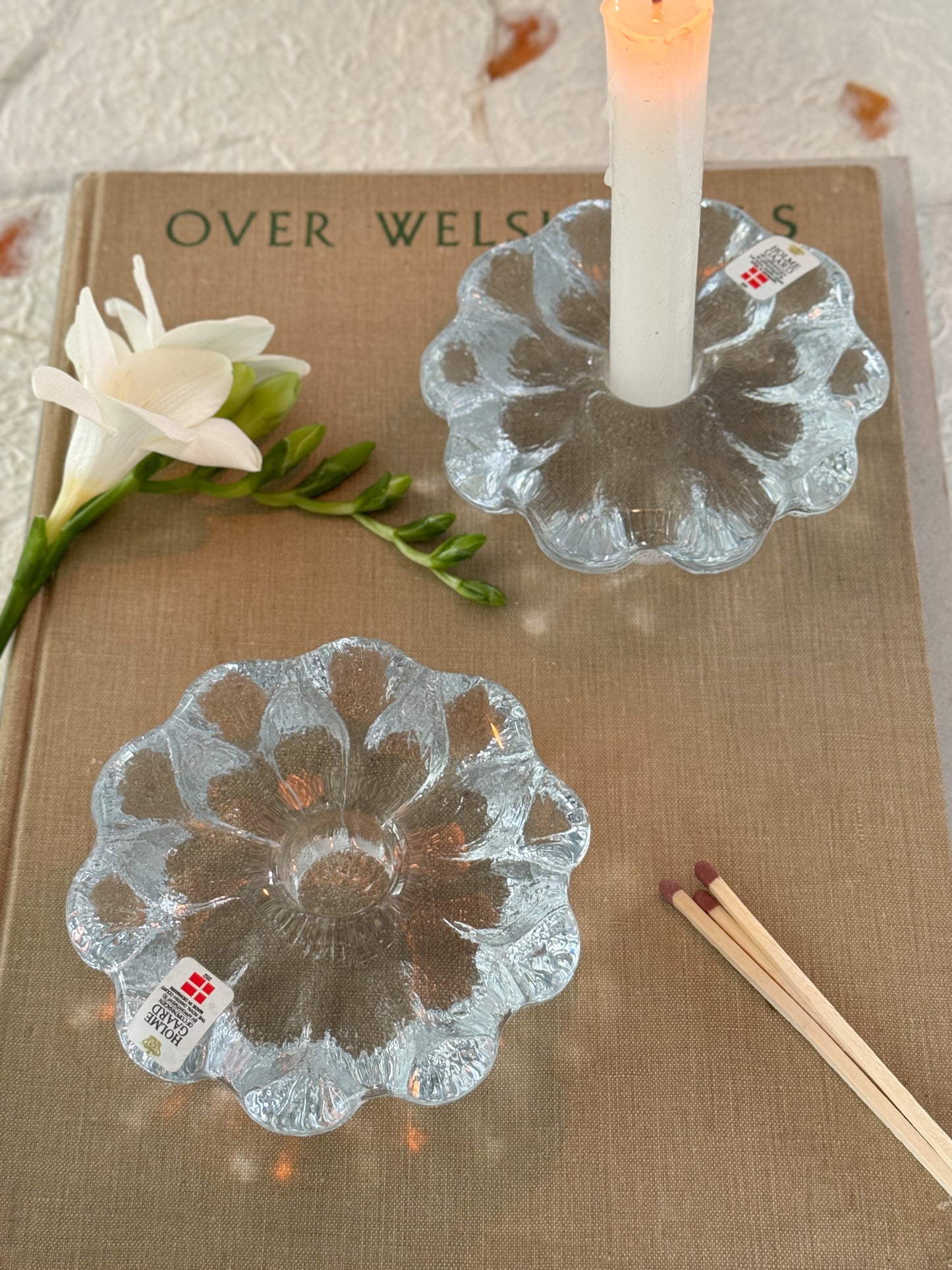 Holme Gaard of Copenhagen Danish Glass Daisy Candlestick Pair