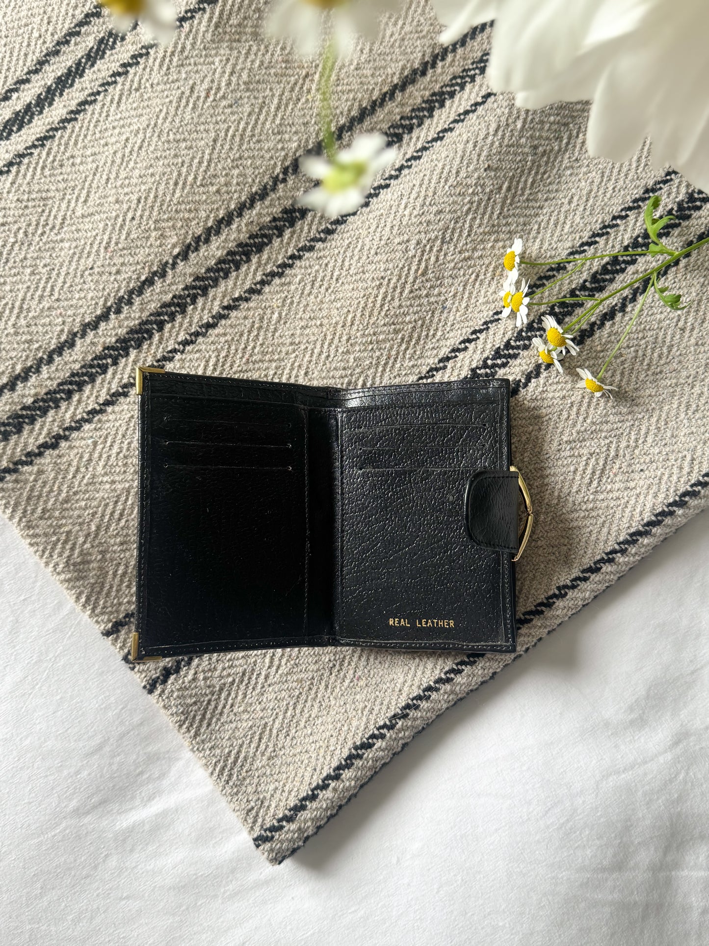 Vintage 1960s/70s Churchill Black Leather Purse with Brass Details (New Old Stock)