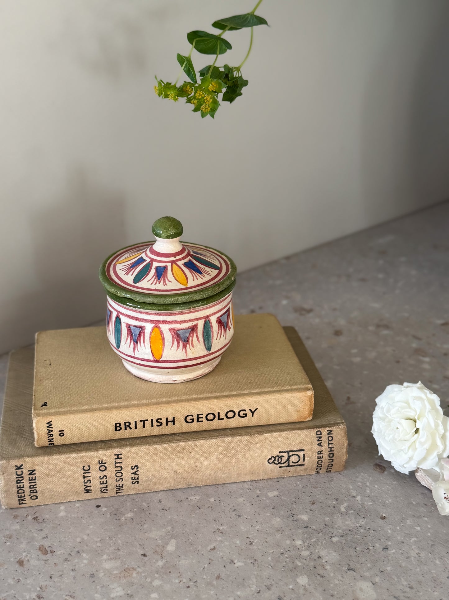 Vintage Mediterranean Hand-Painted Studio Pottery Lidded Trinket Pot