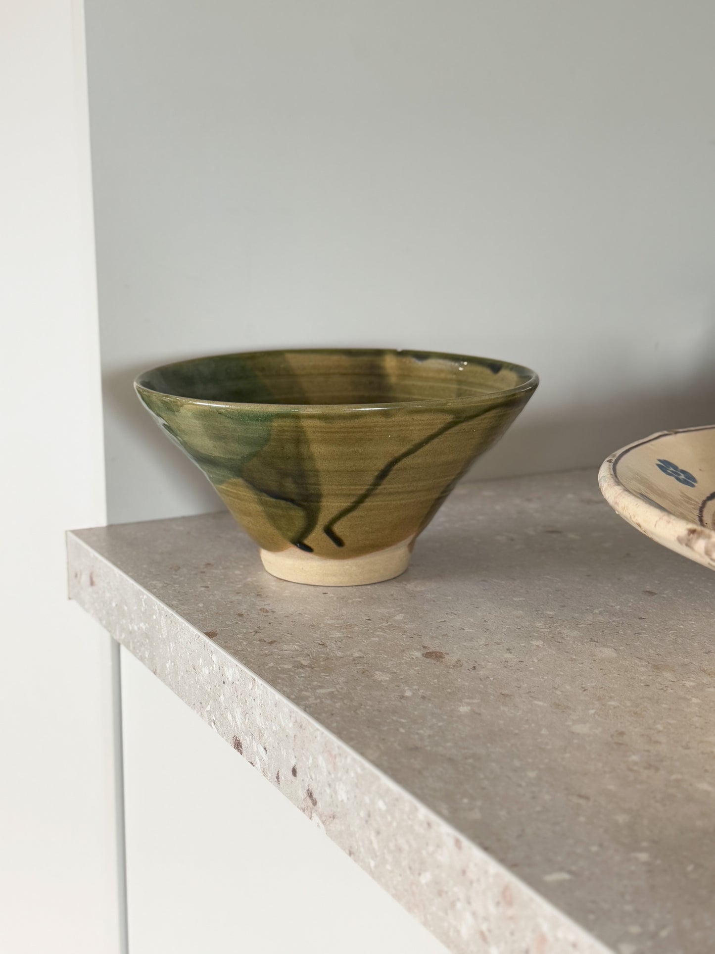 Vintage Studio Pottery Olive Green Drip Glaze Bowl