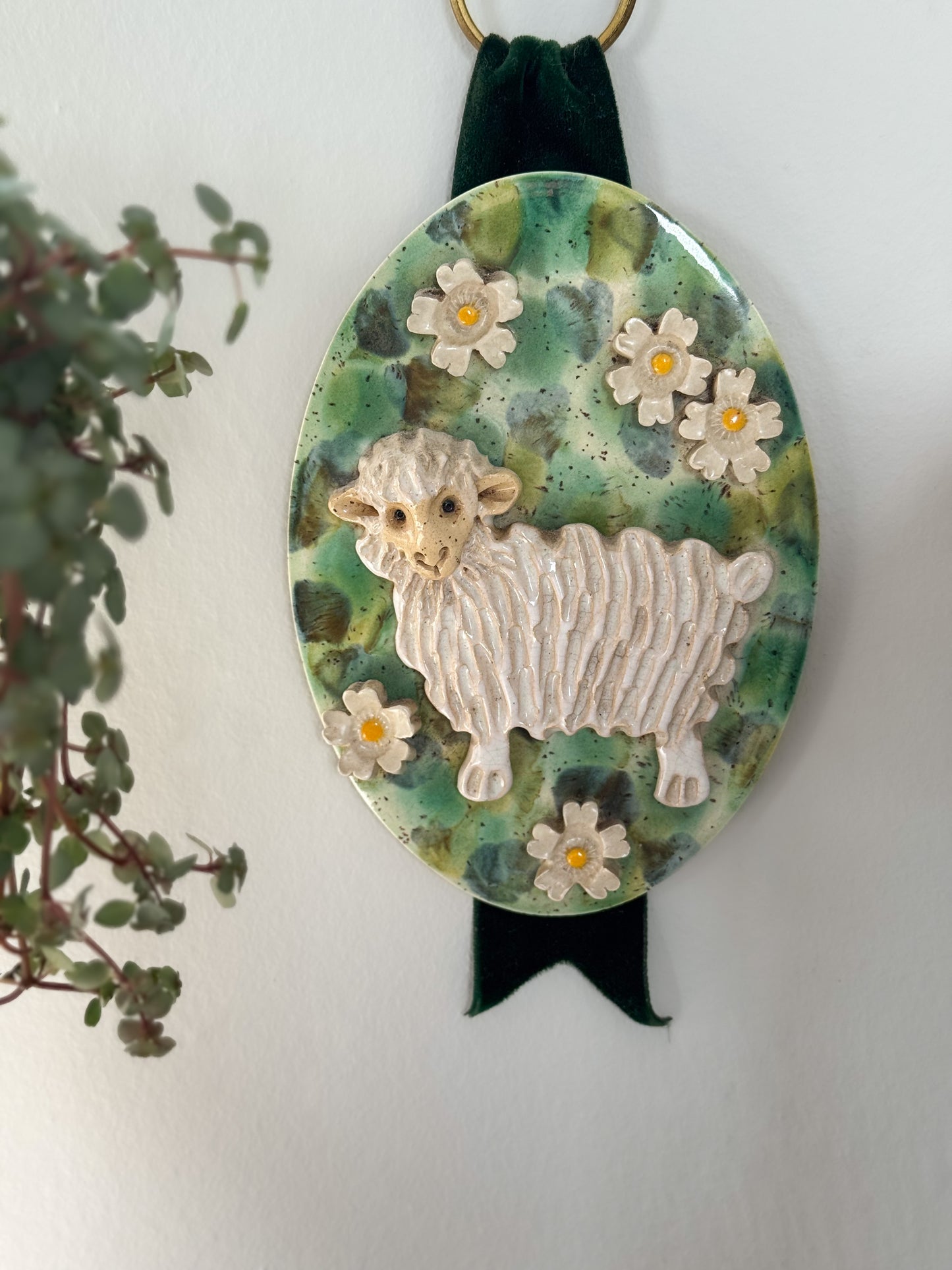 Vintage Folk Art Studio Pottery Sheep Wall Hanging with Velvet Ribbon & Brass Loop