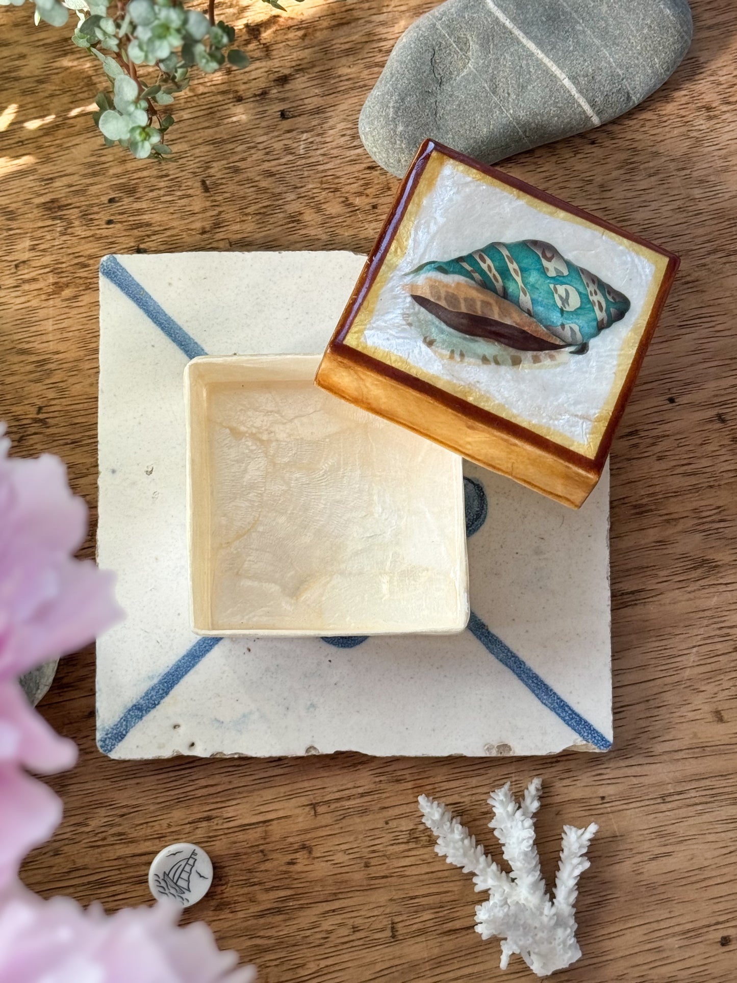 Vintage Capiz Shell Box with Painted Sea Shell Lid