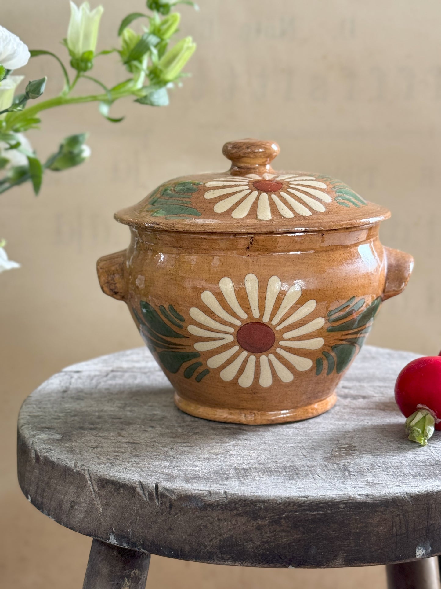 French Alsace Slipware Floral Lidded Pot