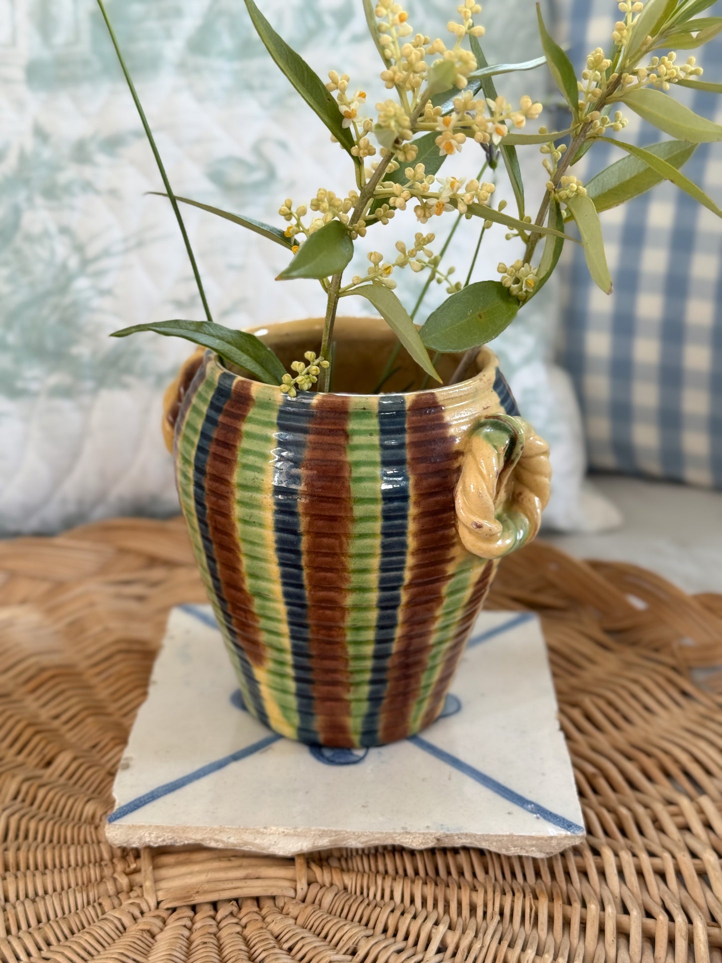 Antique French Drip Glaze Pot with Roped Handles