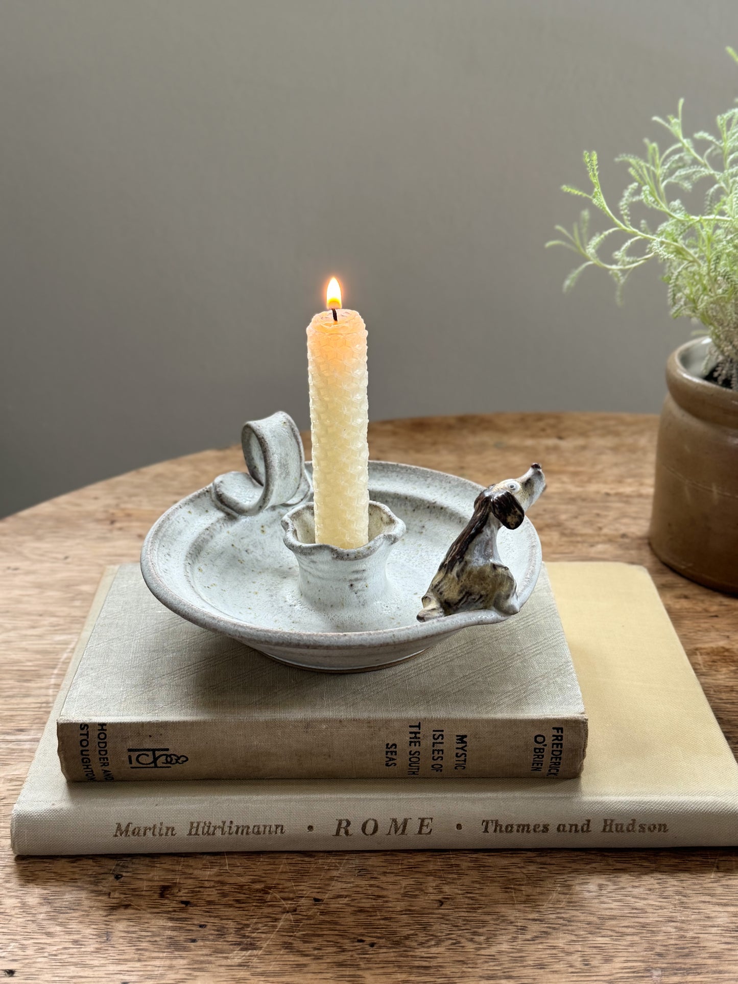 Vintage Studio Pottery Chamberstick with Little Dog