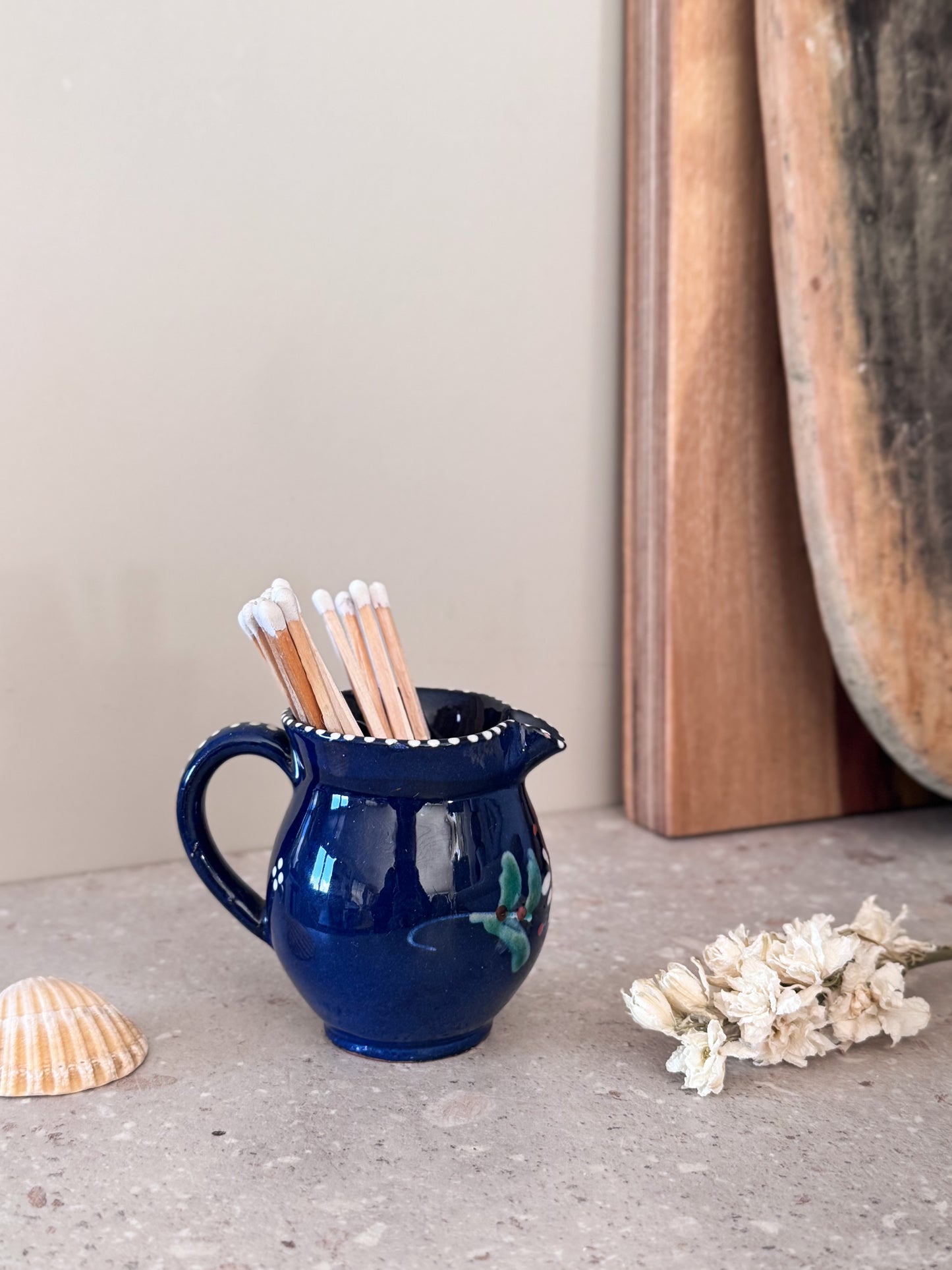 Vintage French Studio Pottery Blue Floral Creamer