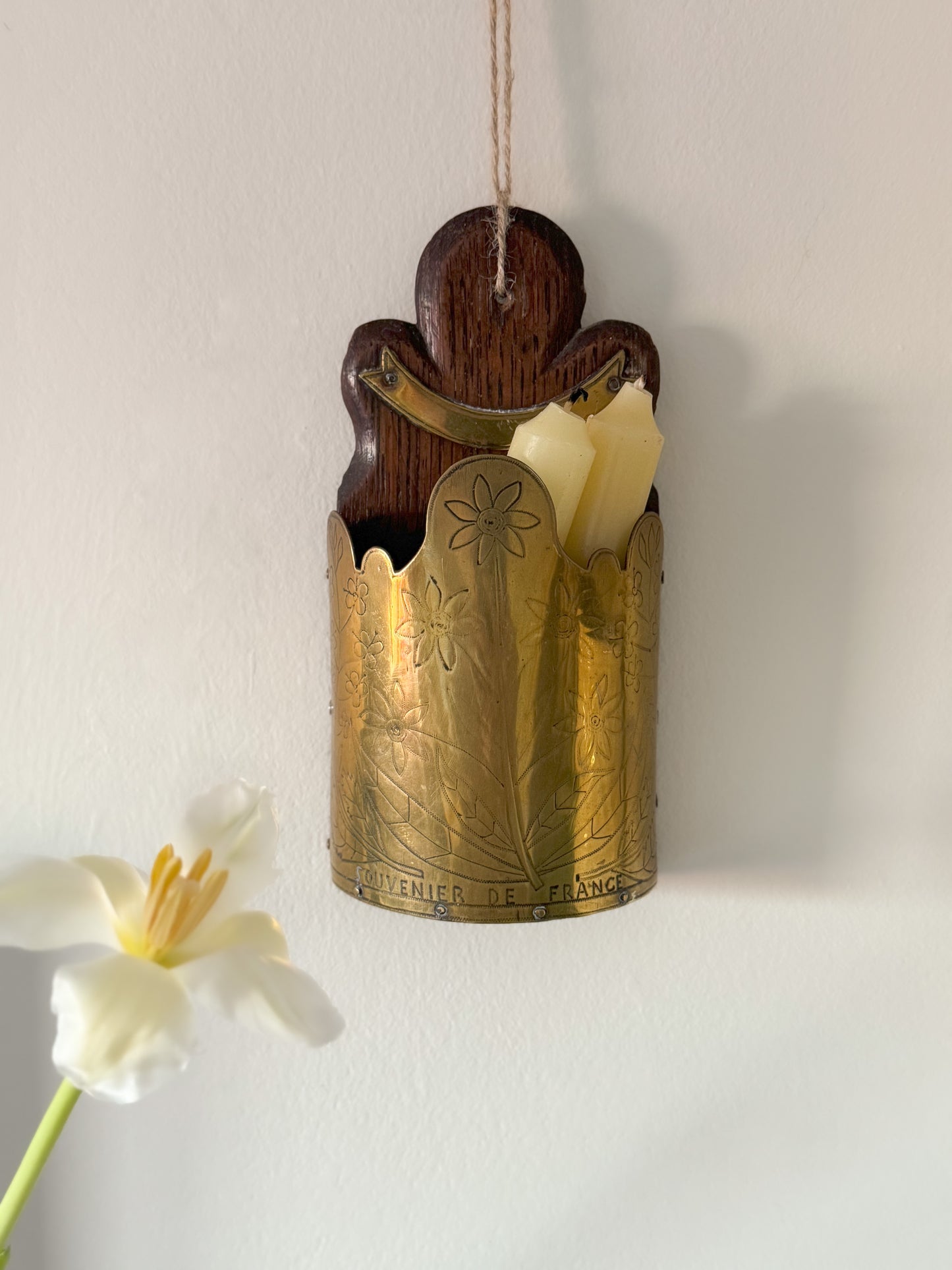 Antique French Brass & Oak Handmade Folk Art Wall Pocket | Candle Box