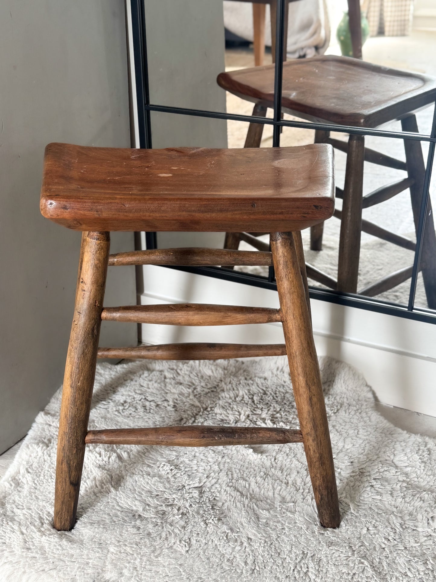 Antique Solid Oak Welsh Stool with Sculpted Seat | From a Cottage on Anglesey