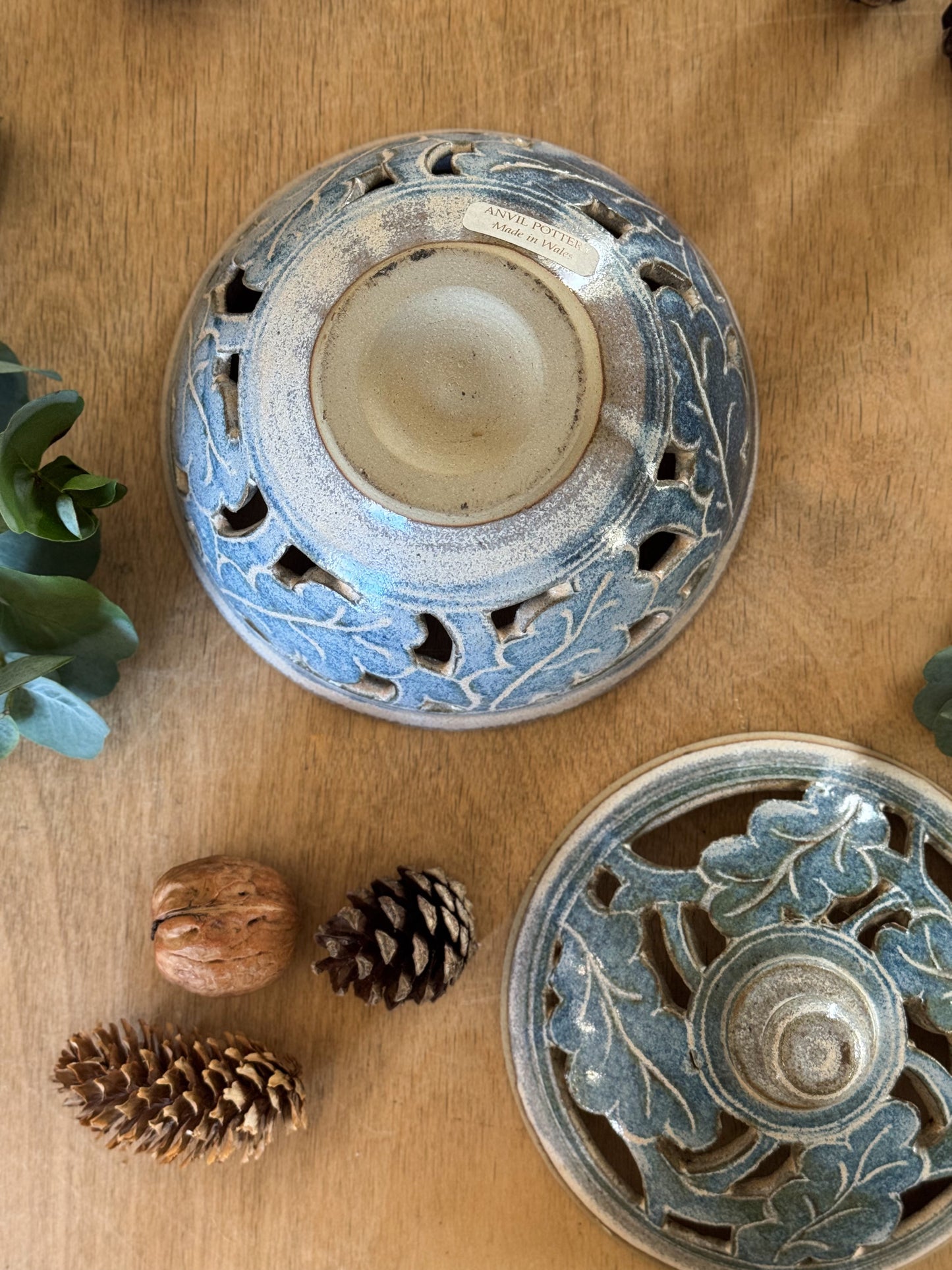 Welsh Studio Pottery Blue Oak Leaf Trinket Bowl by Anvil Pottery (Lidded & Pierced Design)