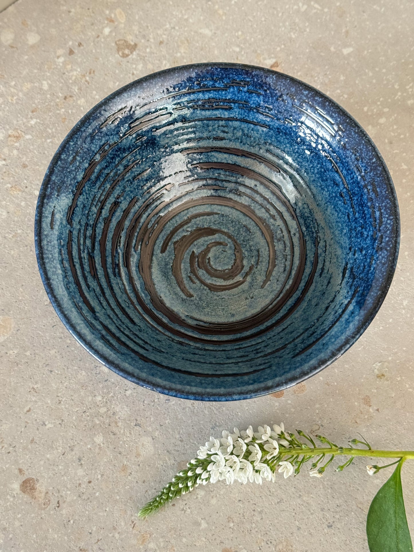 Vintage Studio Pottery Bowl with Deep Blue Spiral Glaze