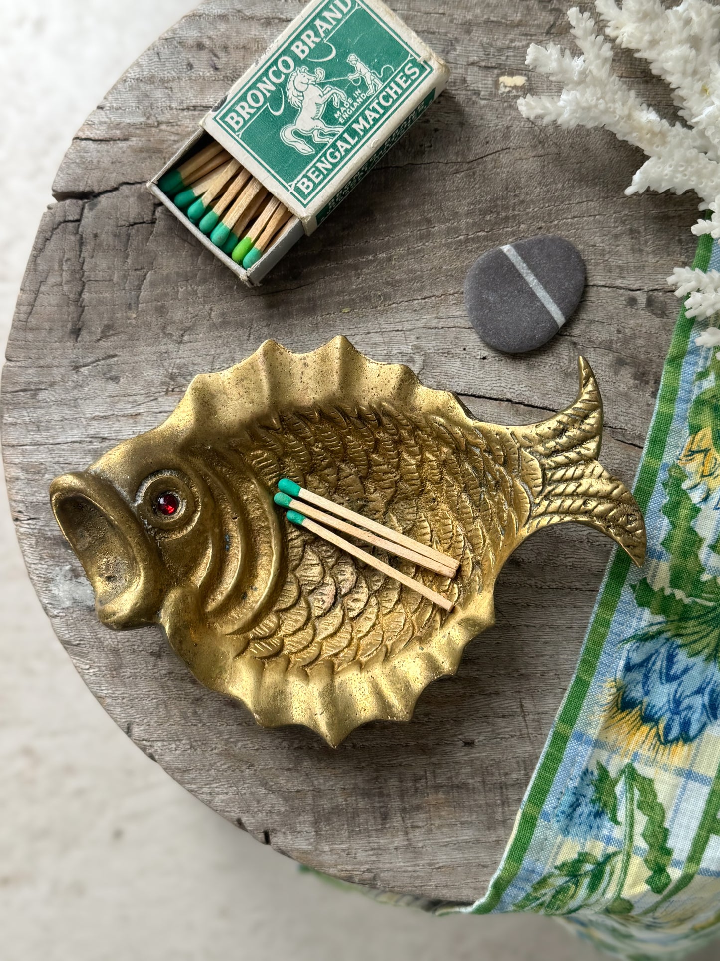 Antique Solid Brass Fish Dish with Red Glass Eye