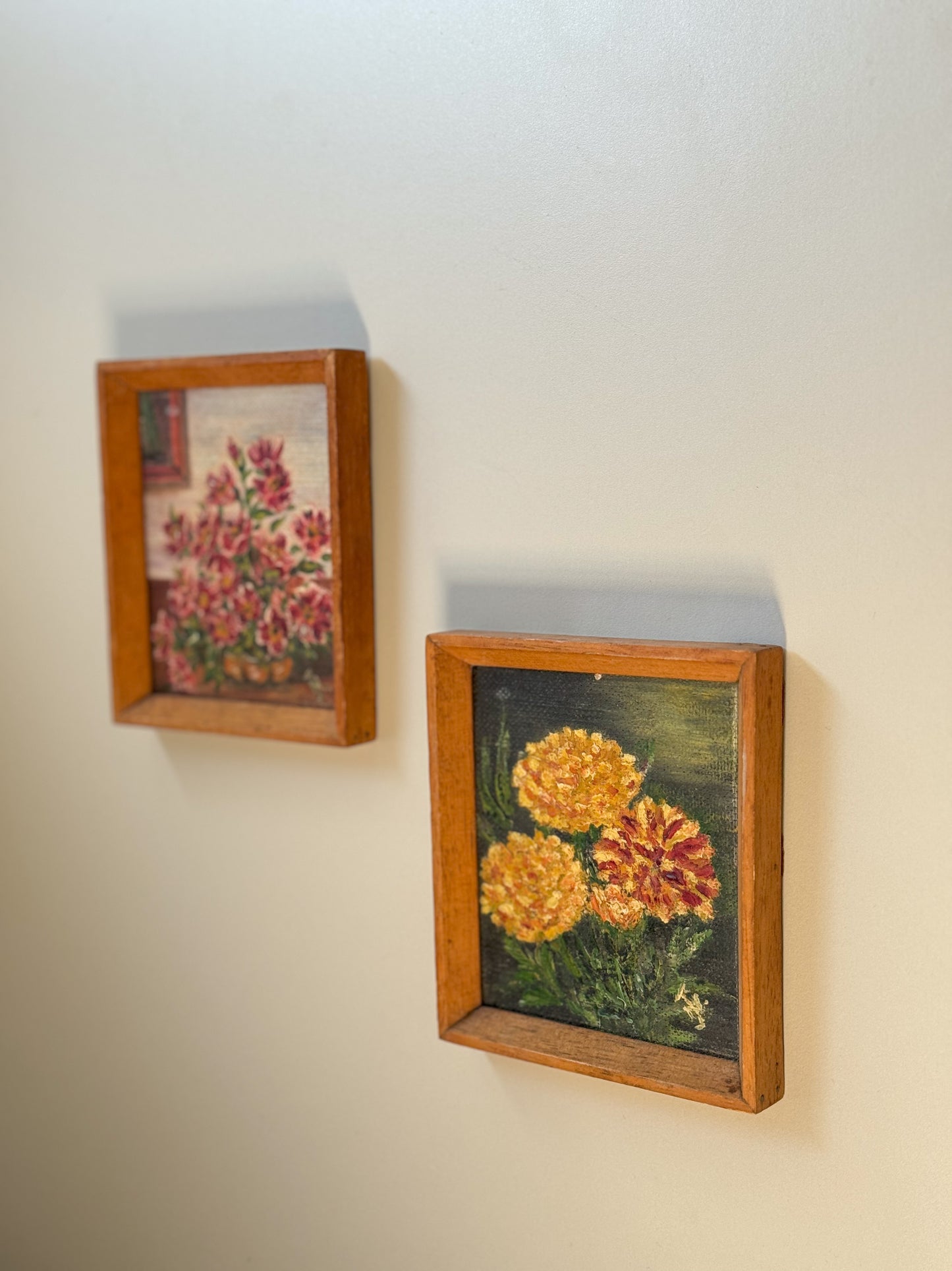 Pair of Miniature Floral Oil Paintings in Handmade Wooden Frames