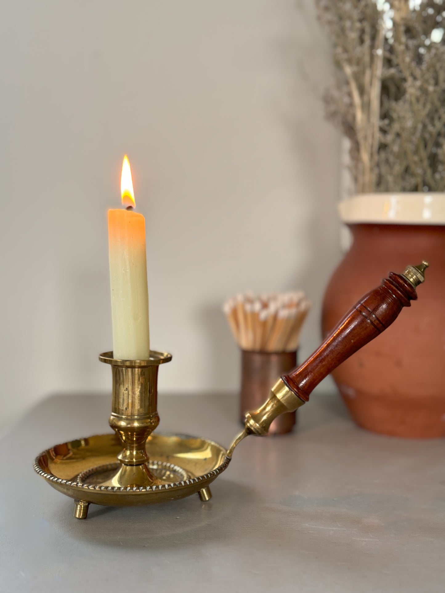 Vintage Brass Chamberstick with Wooden Handle