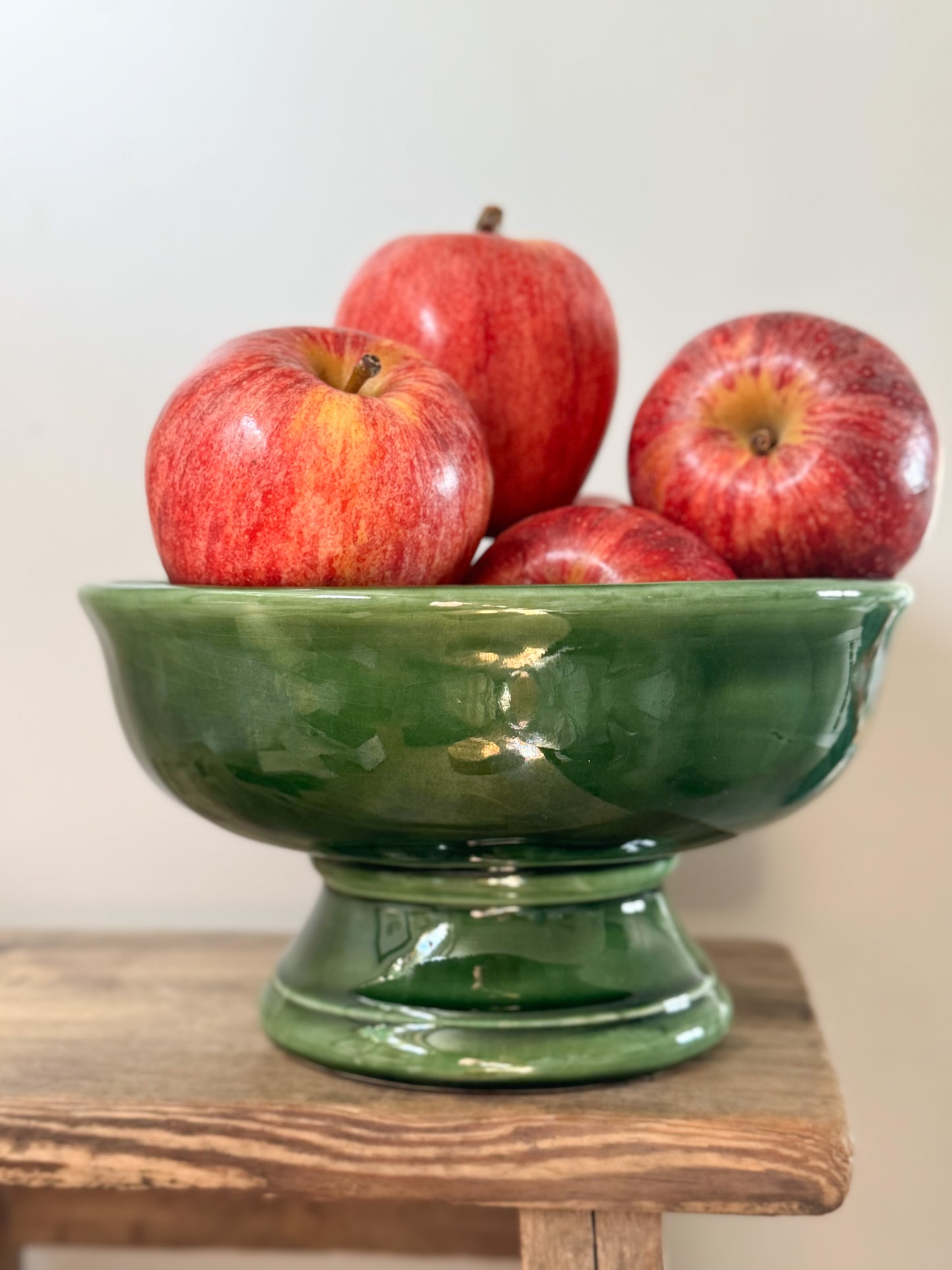 Portuguese Secla Pottery Green Glazed Pedestal Bowl