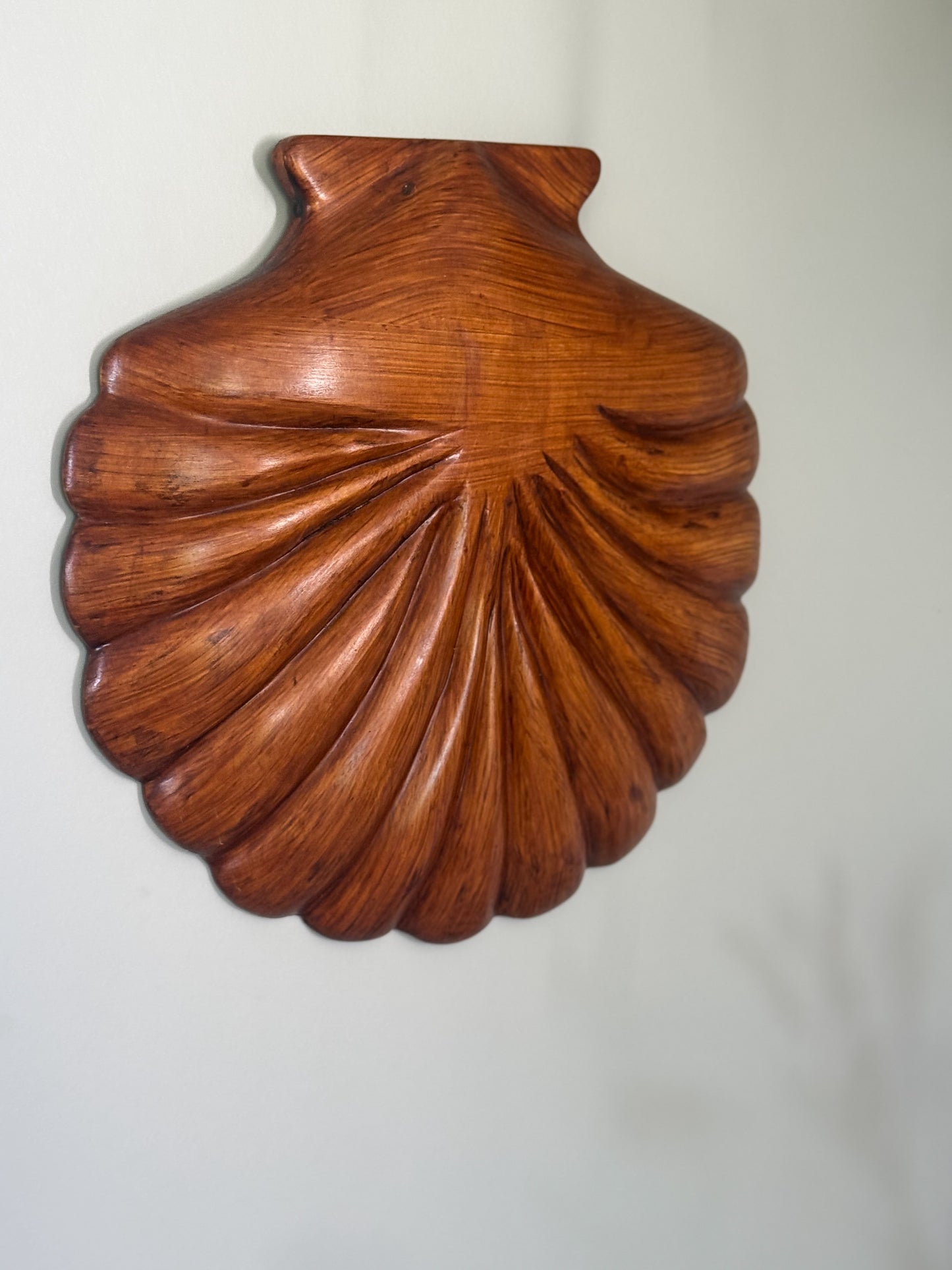 Vintage Large Hand-Carved Wooden Scalloped Shell Wall Hanging