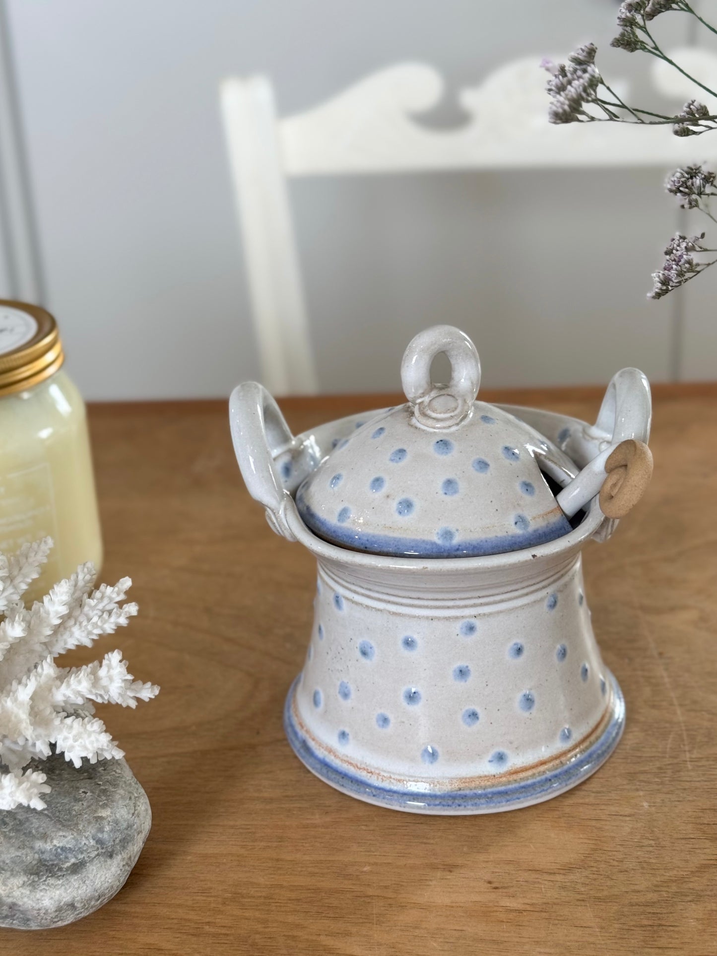 Vintage Studio Pottery Polka Dot Preserve Jar with Spoon by Kelbrook Pottery