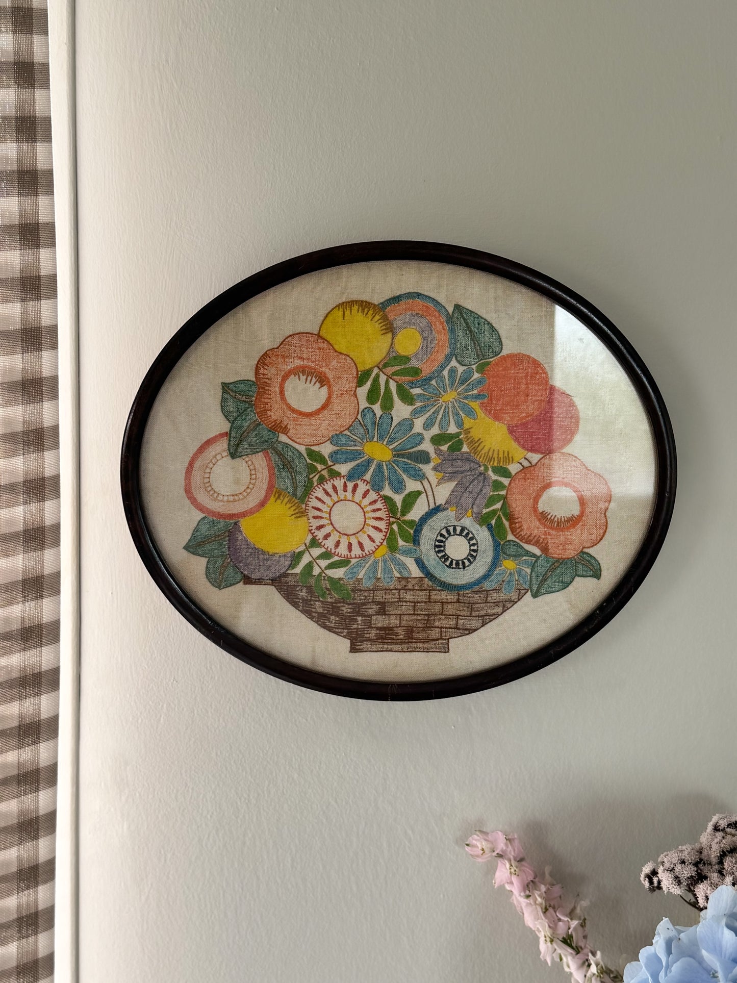 Framed Vintage 1930s Floral Embroidery in Glass-Fronted Wooden Frame
