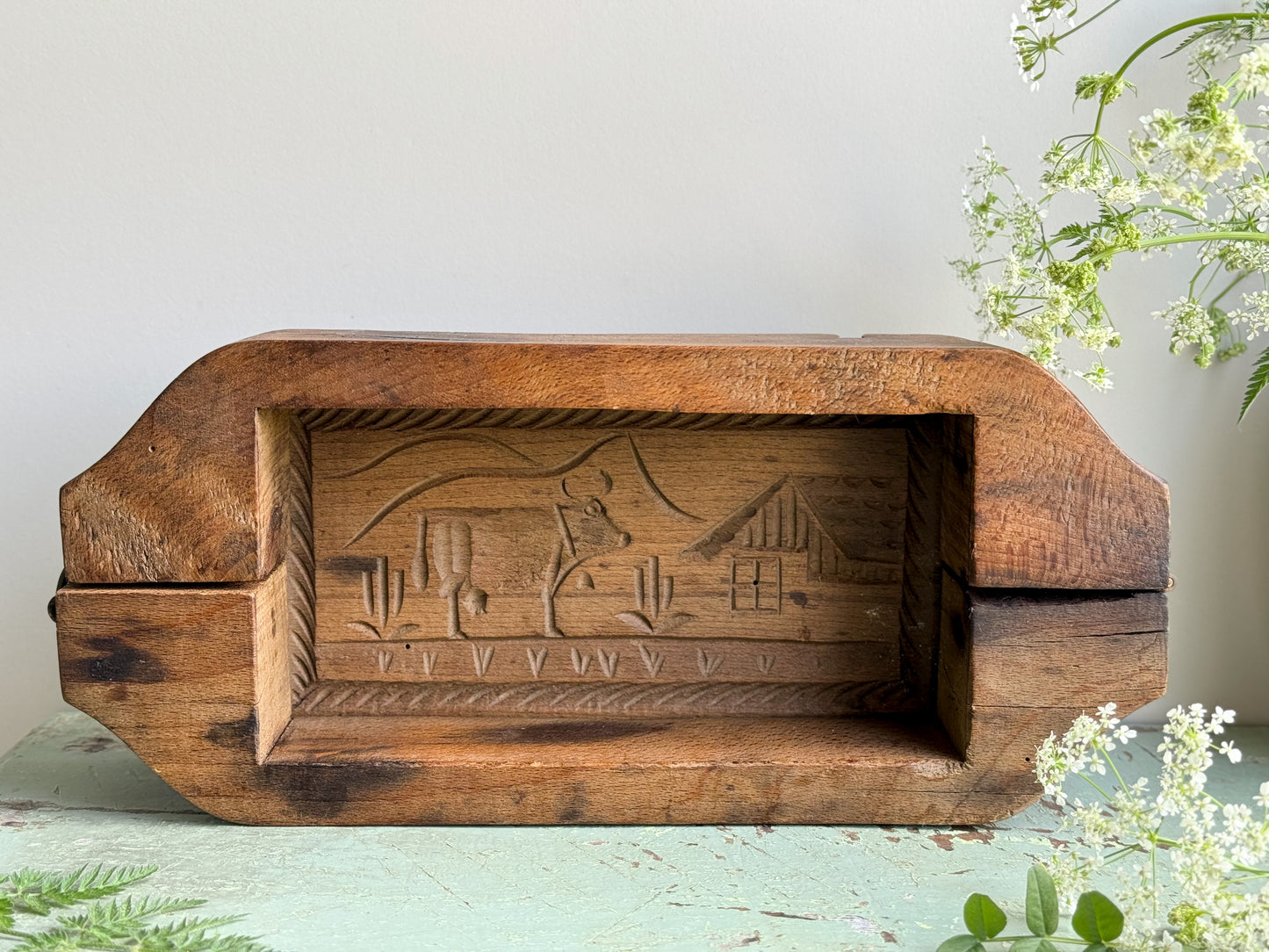 Antique French 19th Century Wooden Butter Press • Dairy Cow Design