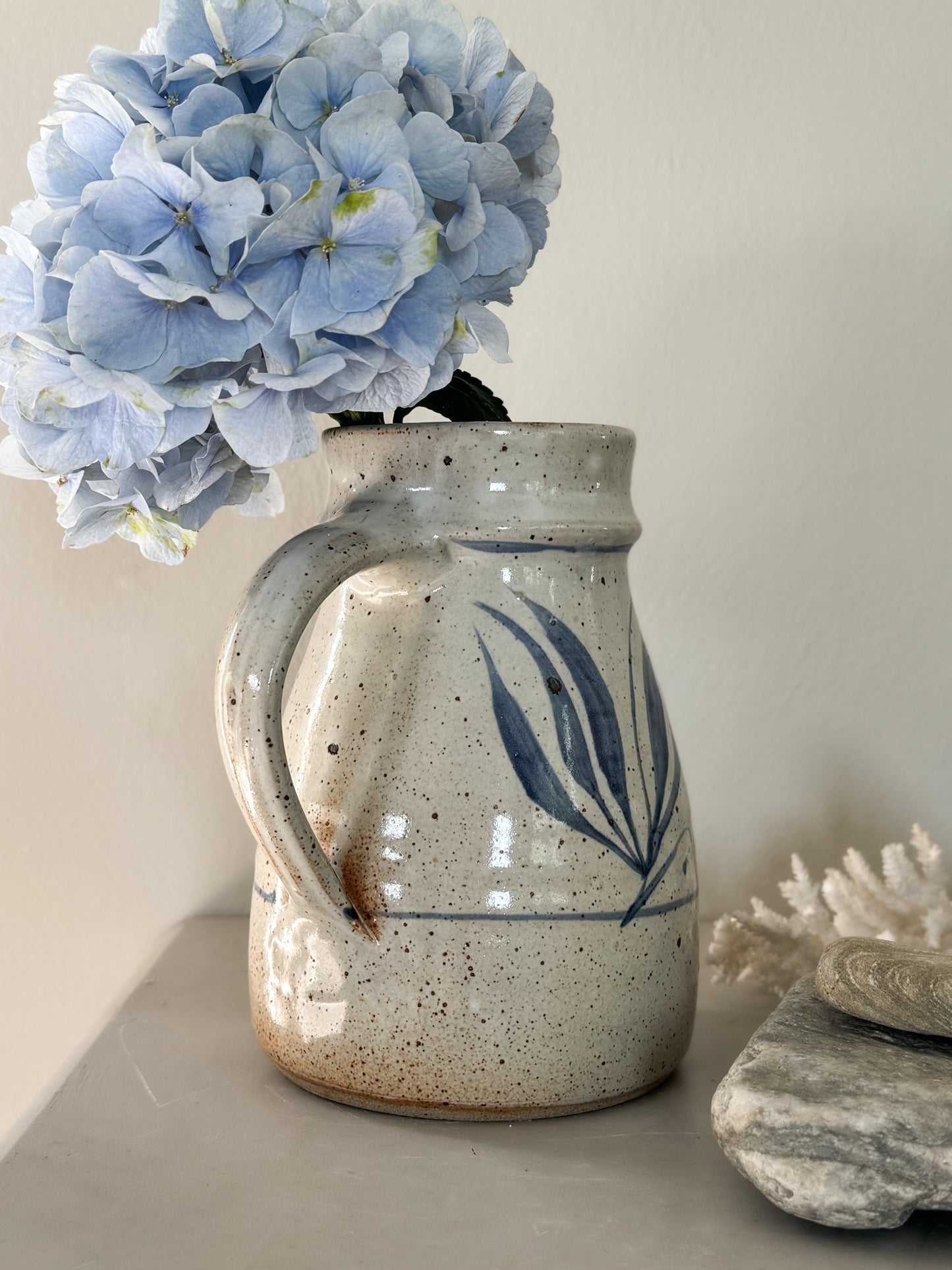 Vintage Large Studio Pottery Jug with Abstract Blue Leaf Design