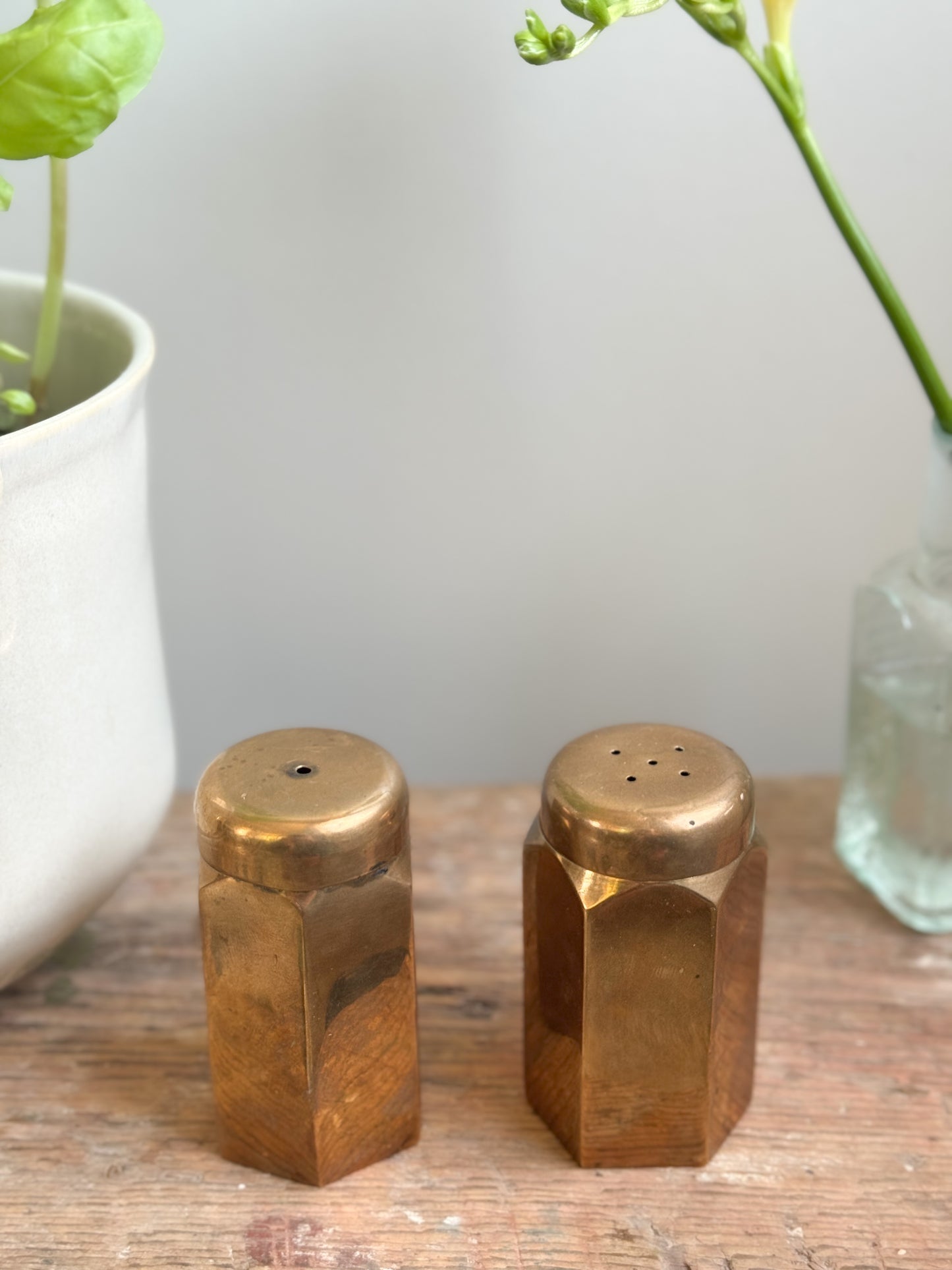 Vintage Solid Brass Hexagonal Salt & Pepper Shakers