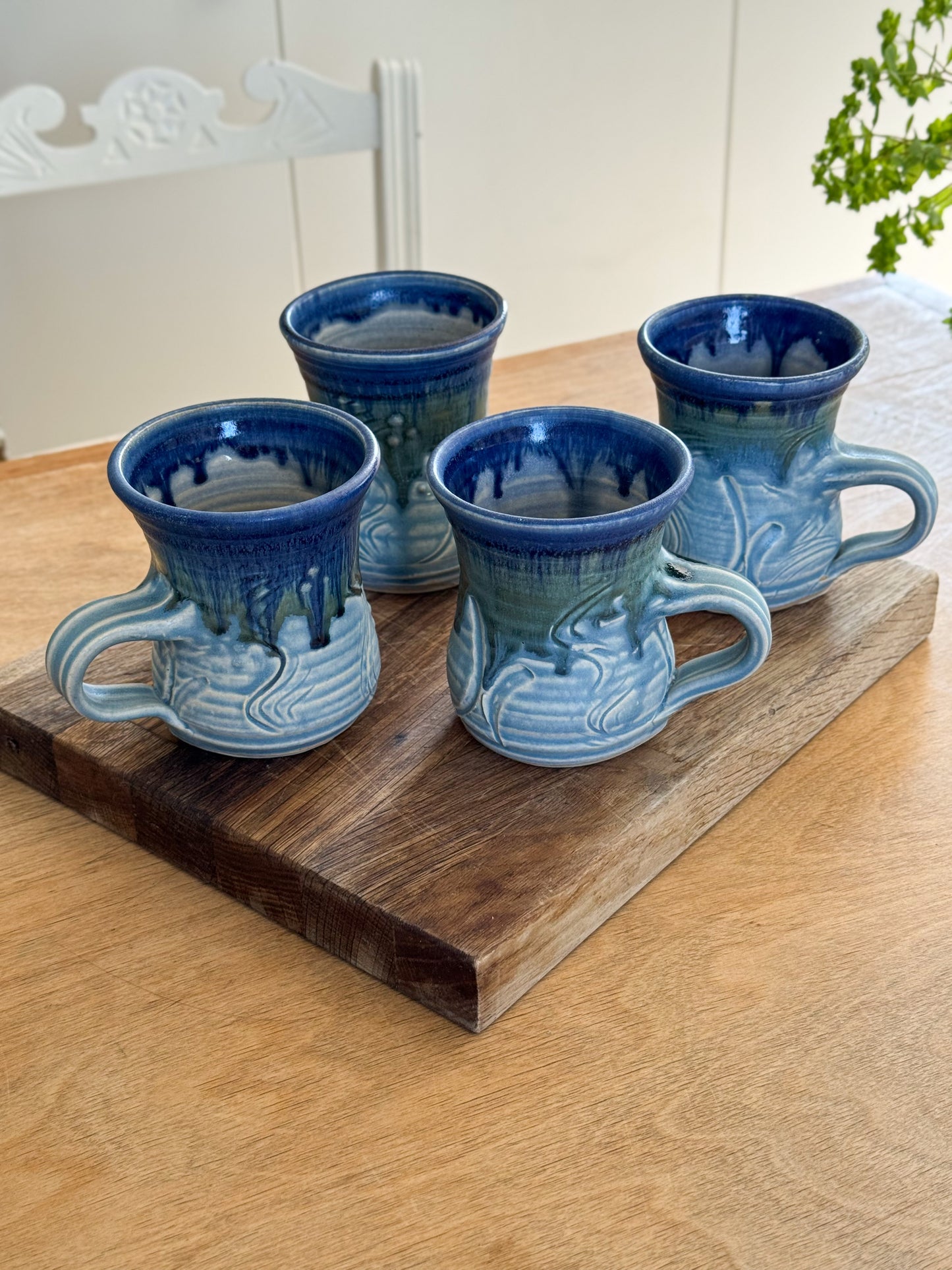 Incredible Vintage Abstract Studio Pottery Mugs, Ocean Blues • Set of 4