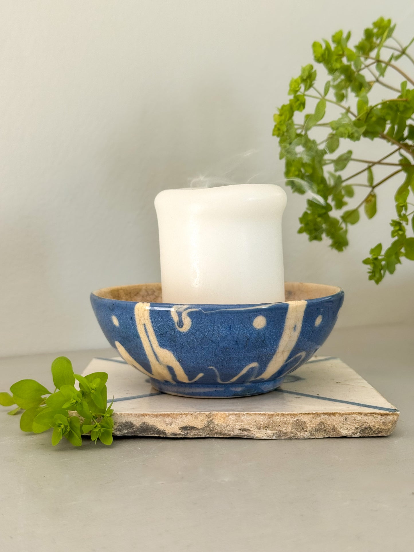 Antique Blue & Cream English Slipware Bowl