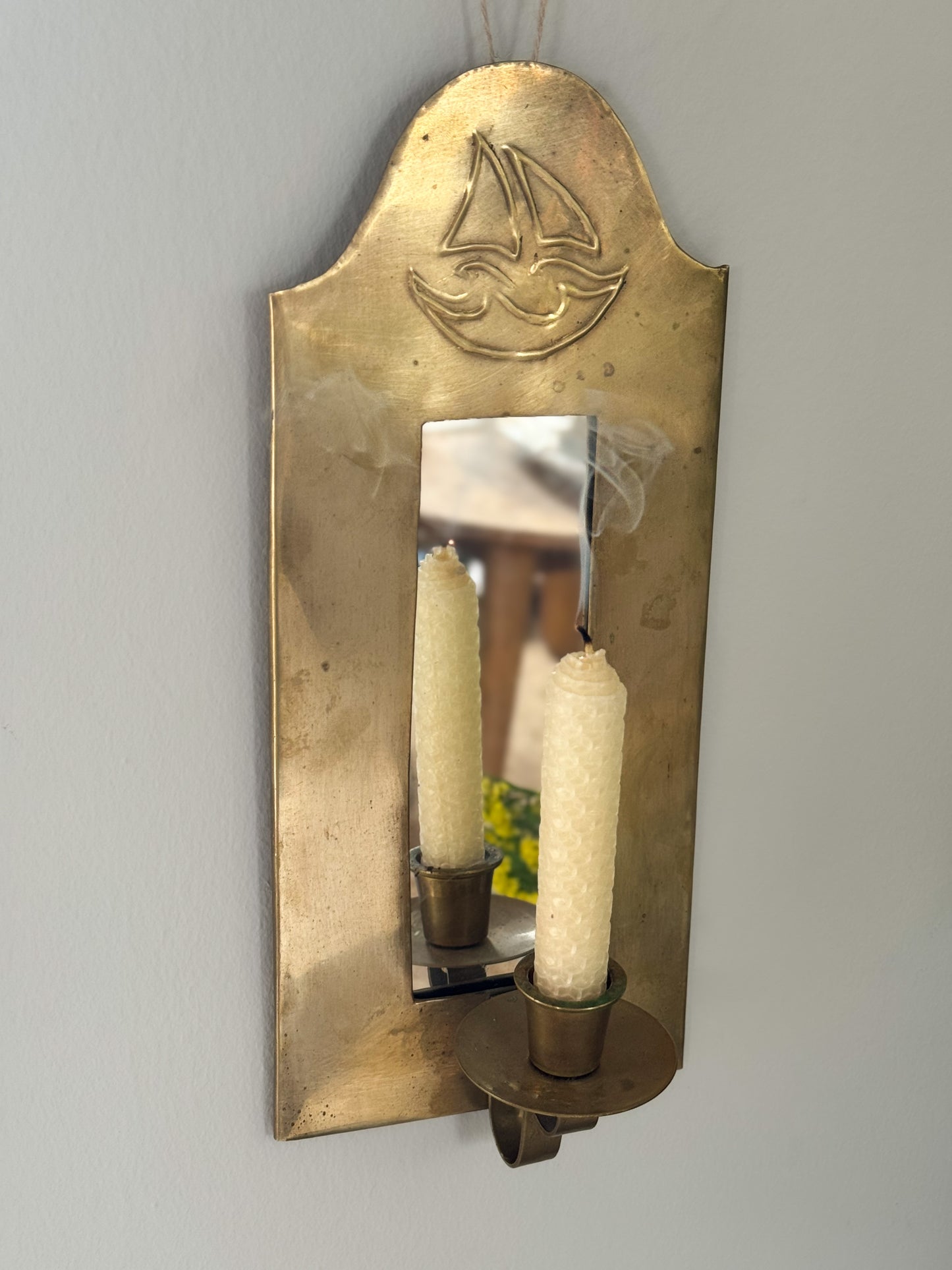 Vintage Brass Sailing Ship Mirrored Wall Sconce