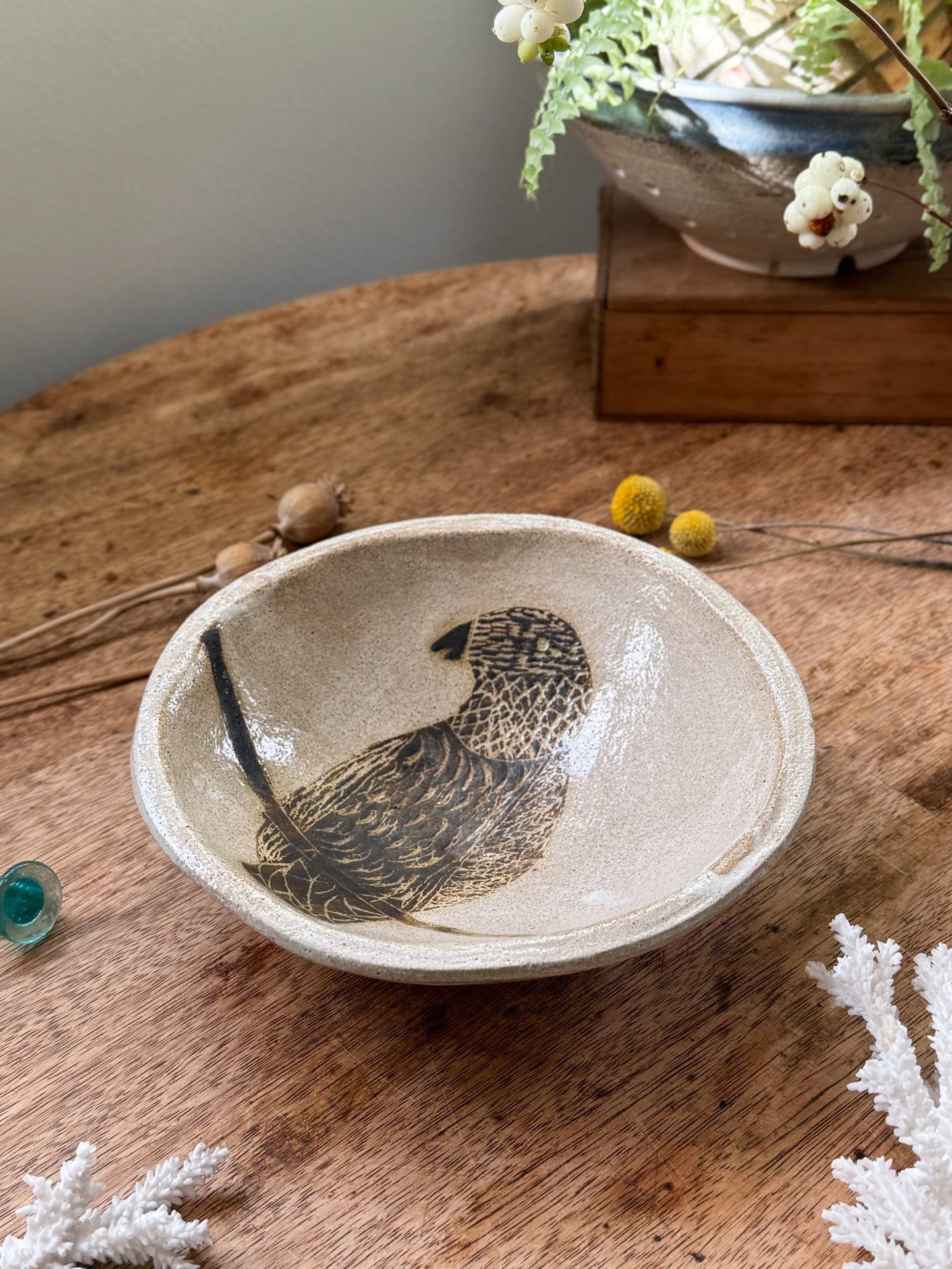 Vintage Studio Pottery Bird Bowl, Signed A.H