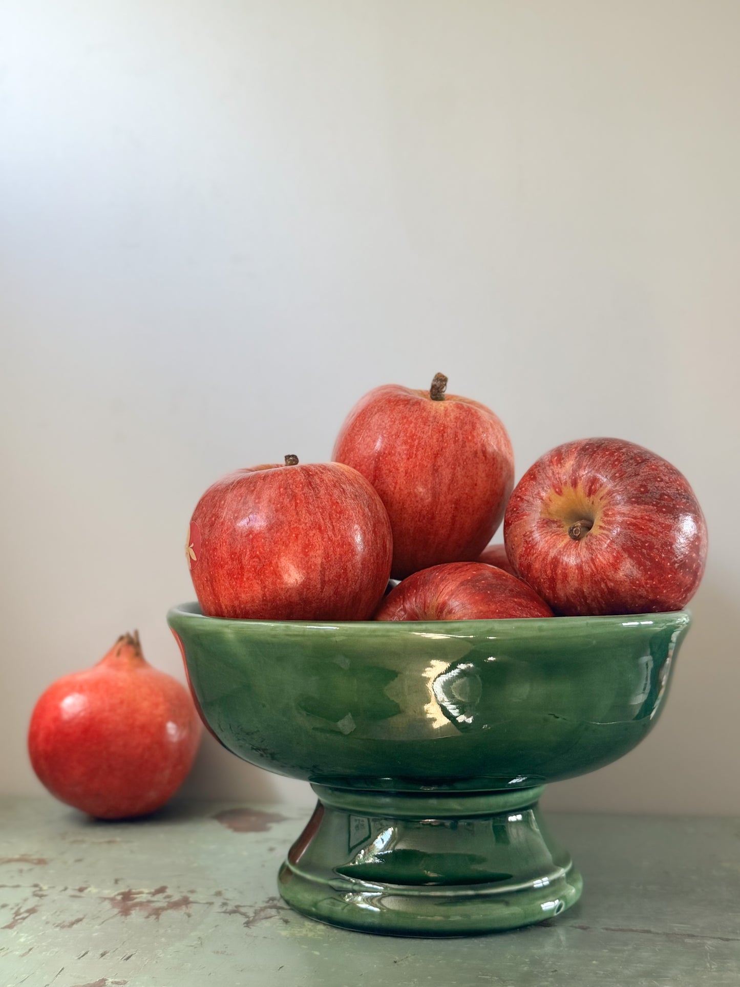 Portuguese Secla Pottery Green Glazed Pedestal Bowl