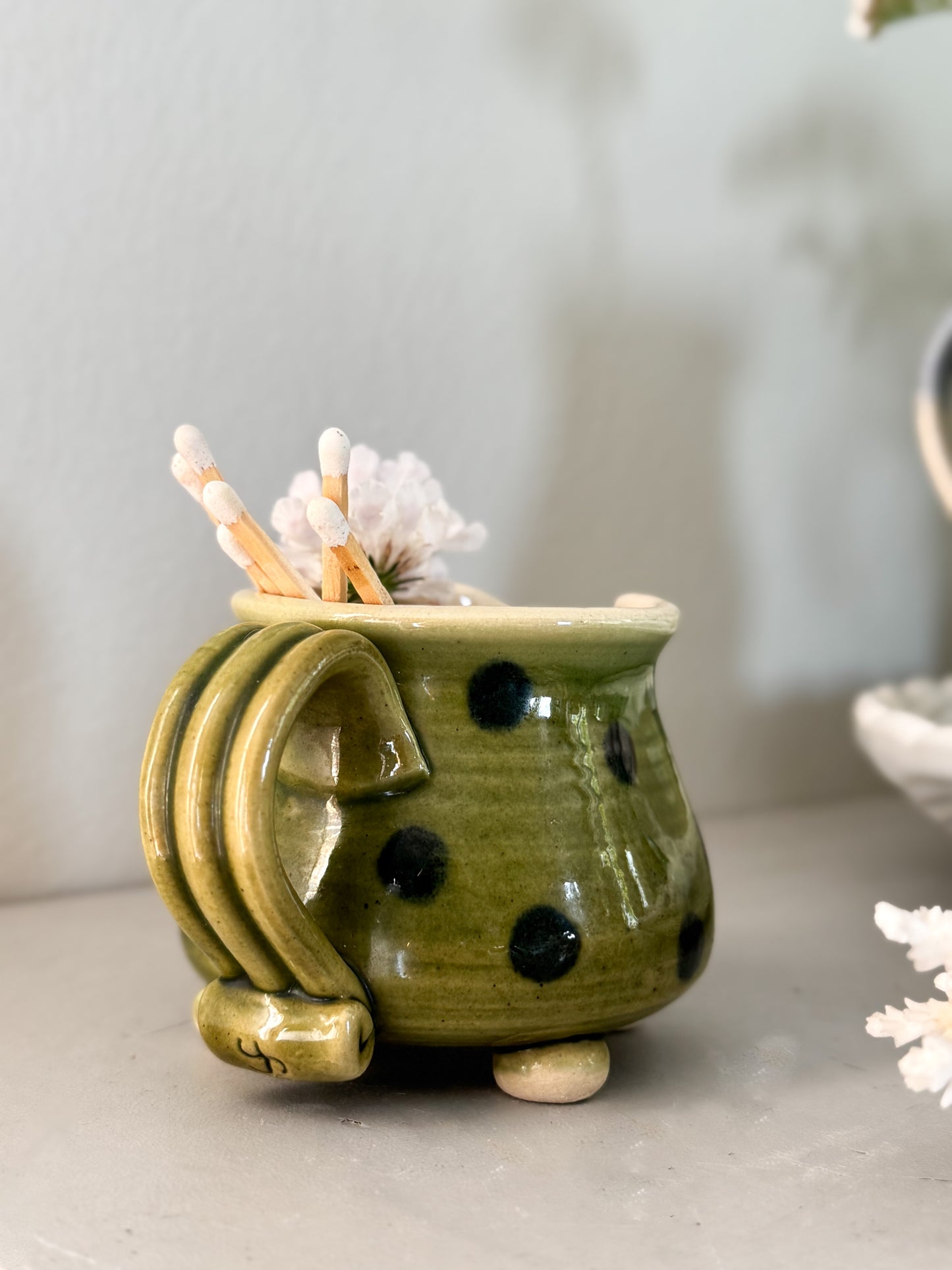 Vintage Olive Green Polka Dot Footed Creamer / Match Pot