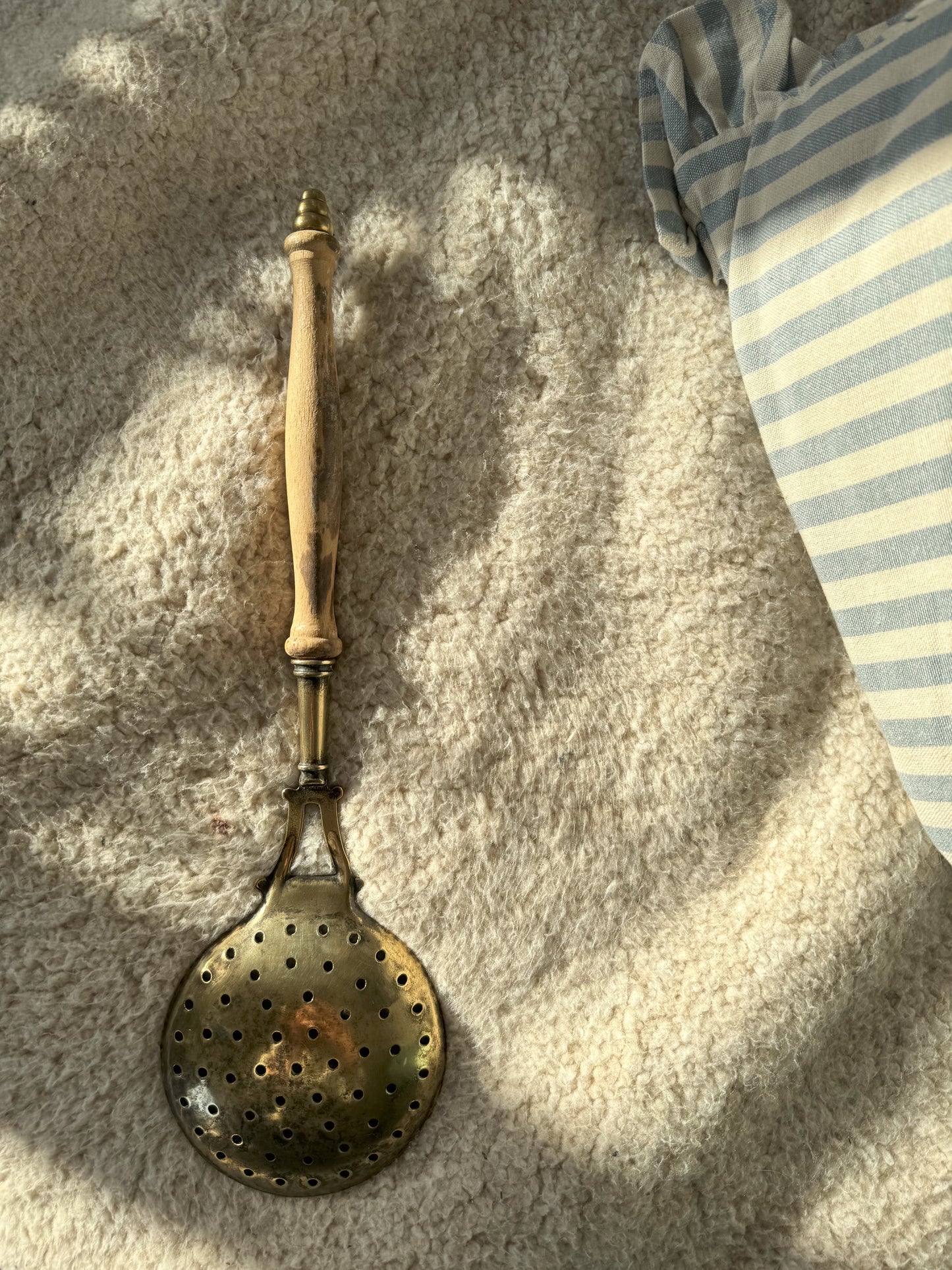 Antique Brass & Wood Large Slotted Ladle