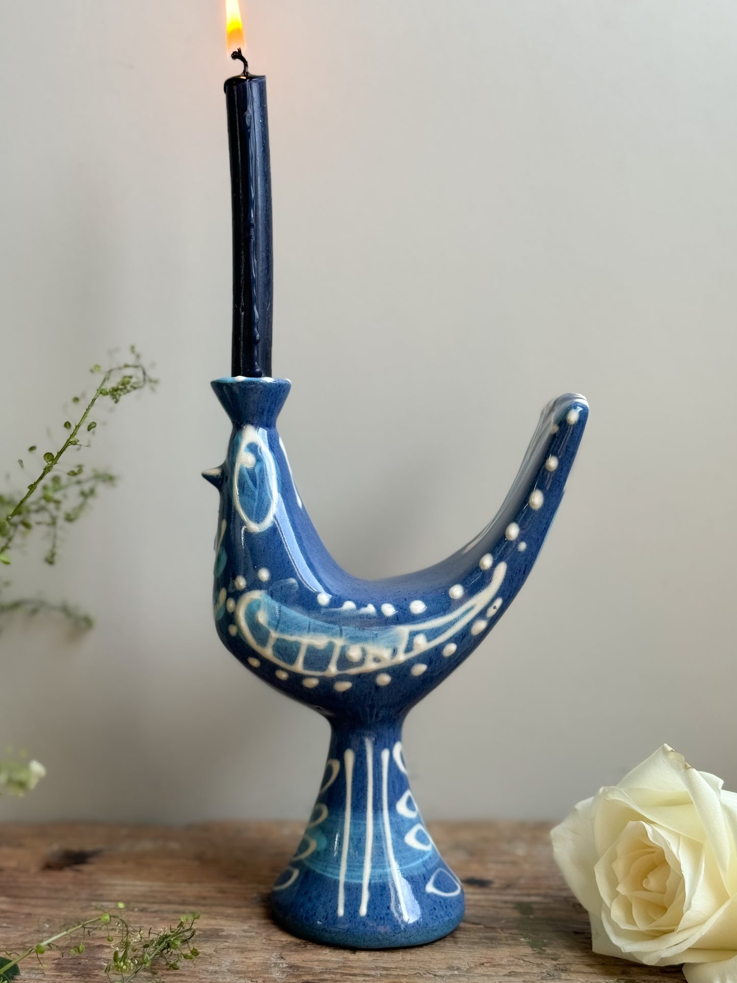 Rare Vintage 1950s Powell & Llangollen Blue Slipware Cockerel Candle Holder