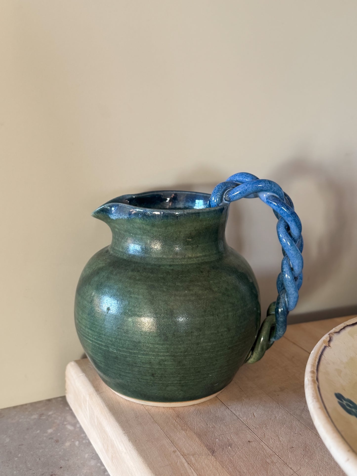 Unique Studio Pottery Drip Glaze Jug – Olive Green & Blue Roped Handle