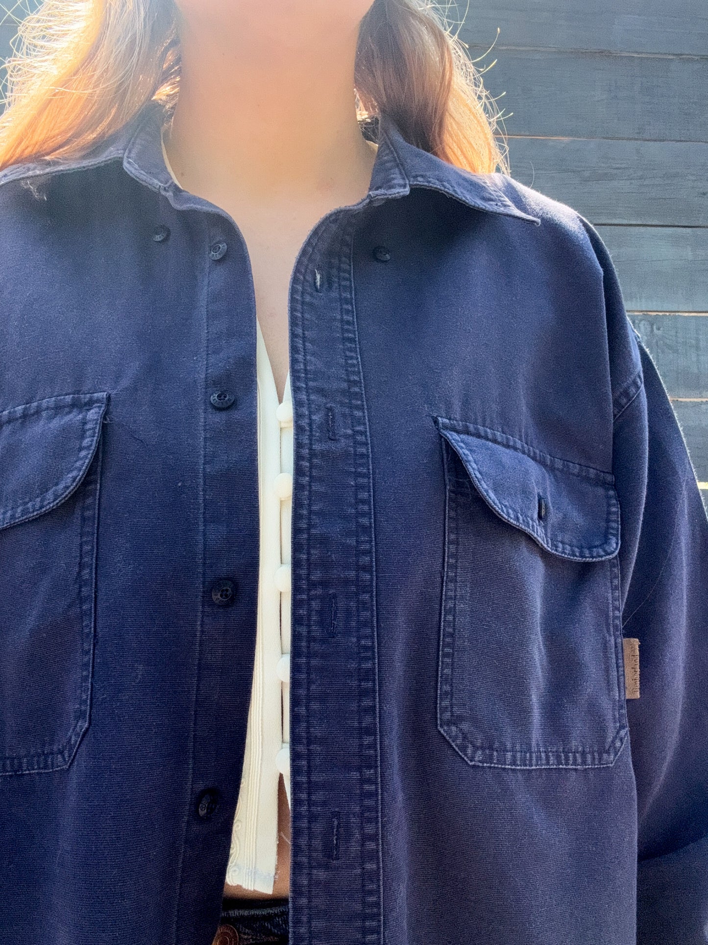 Vintage Timberland Shirt, Navy Blue, 100% Cotton, Size L