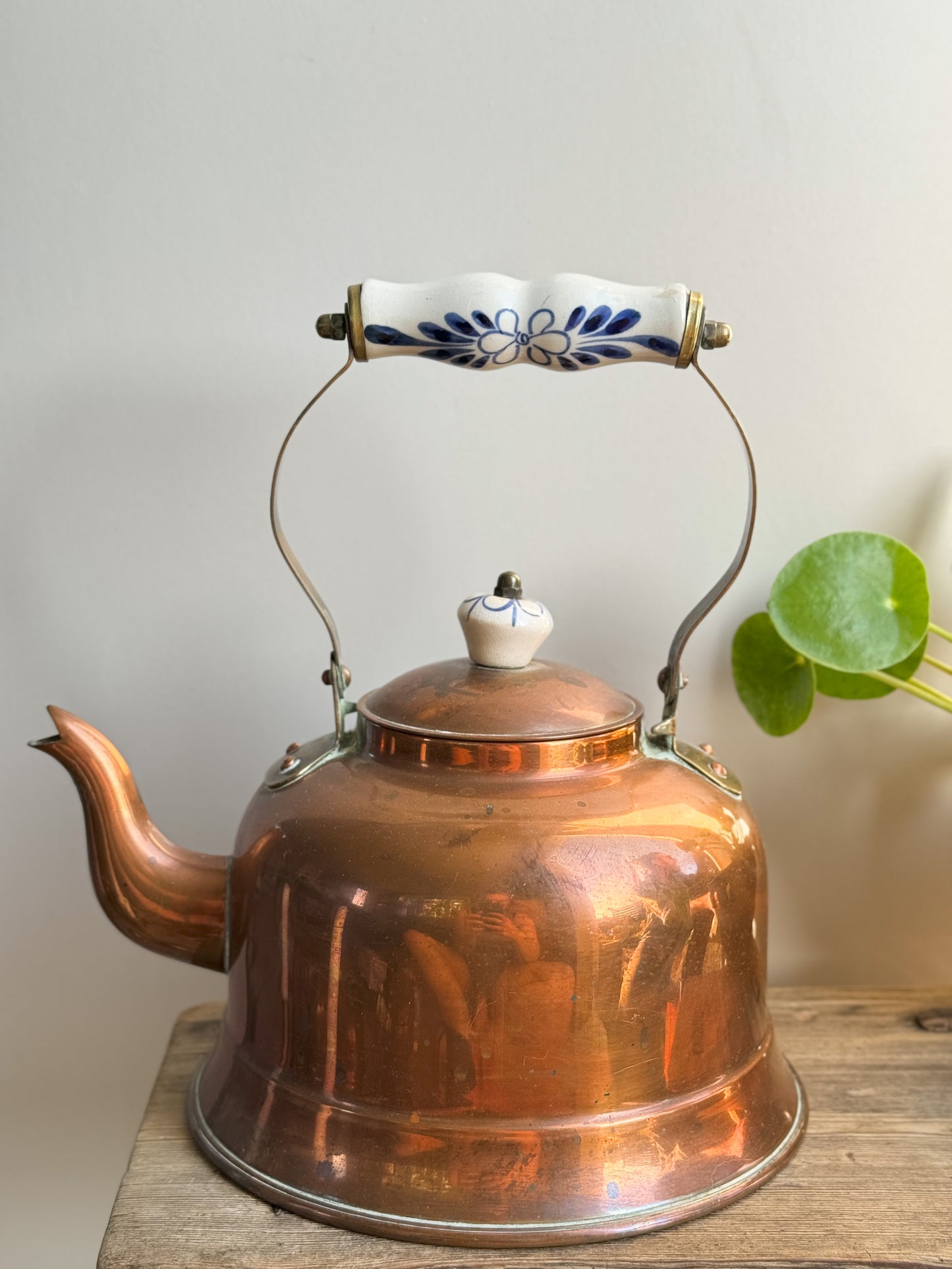 Vintage Copper Kettle with Blue & White Ceramic Handle