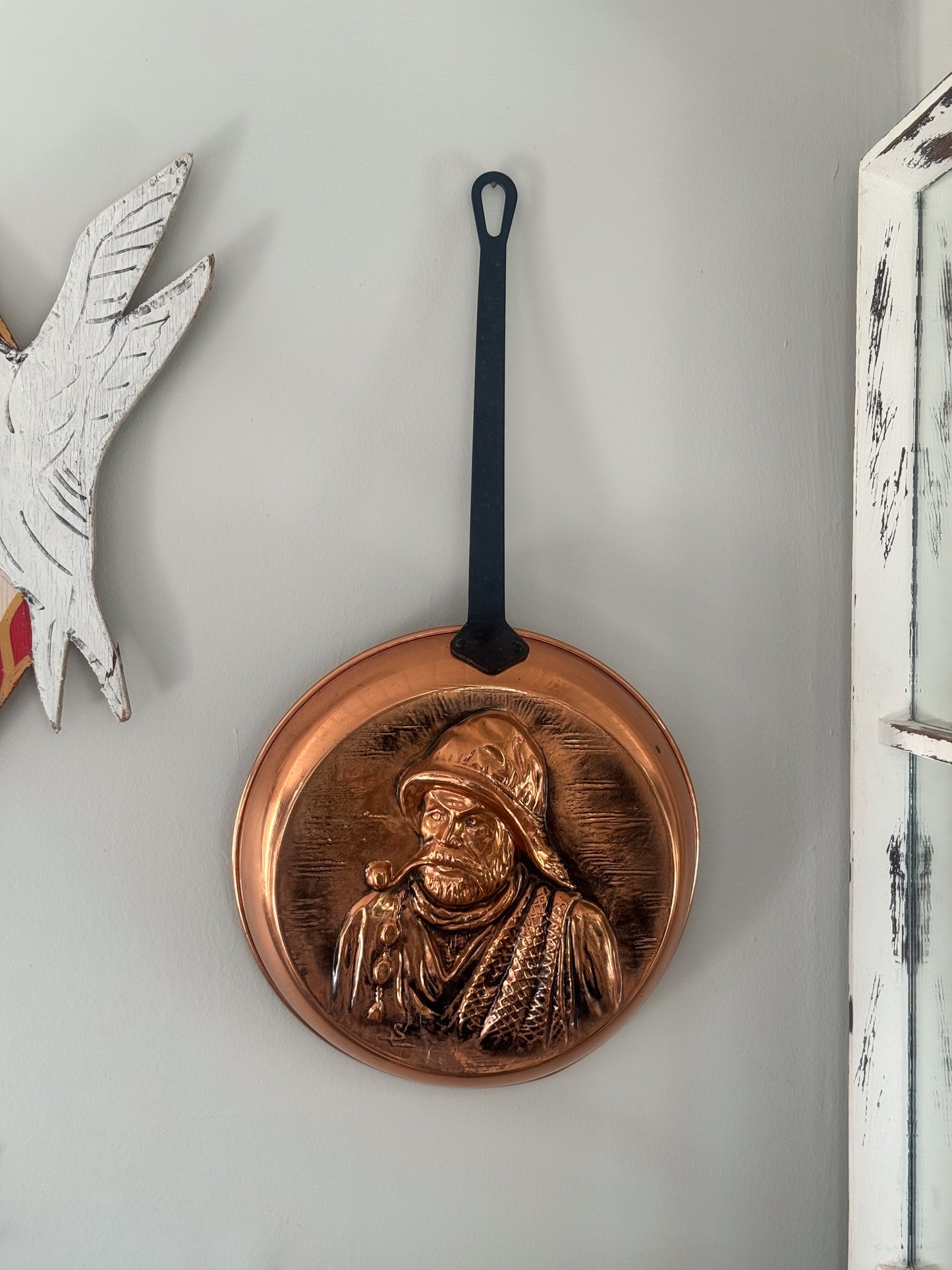 Vintage Midcentury French Copper Fisherman Wall Hanging