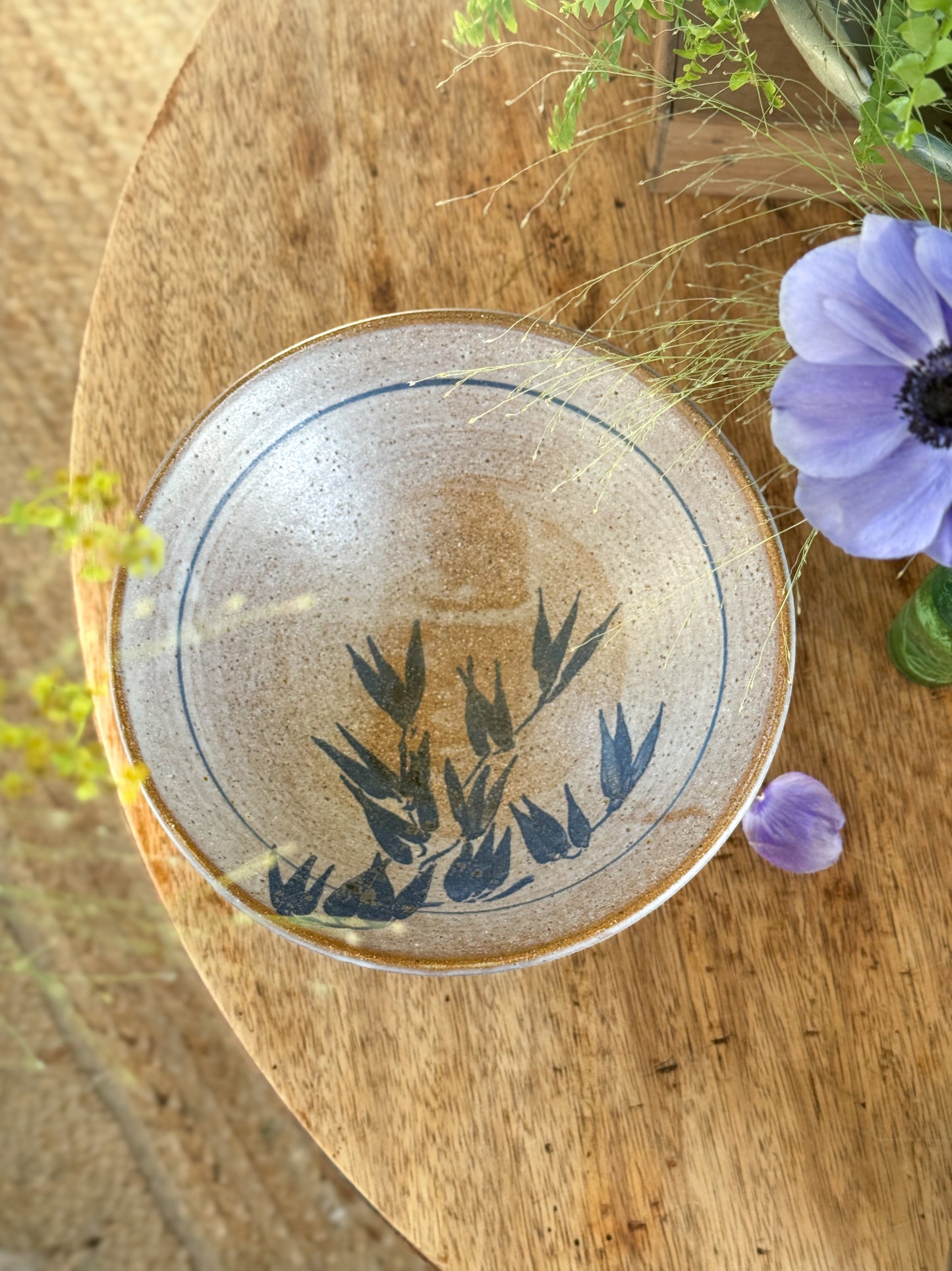 Vintage Studio Pottery Blue Floral Fluted Bowl