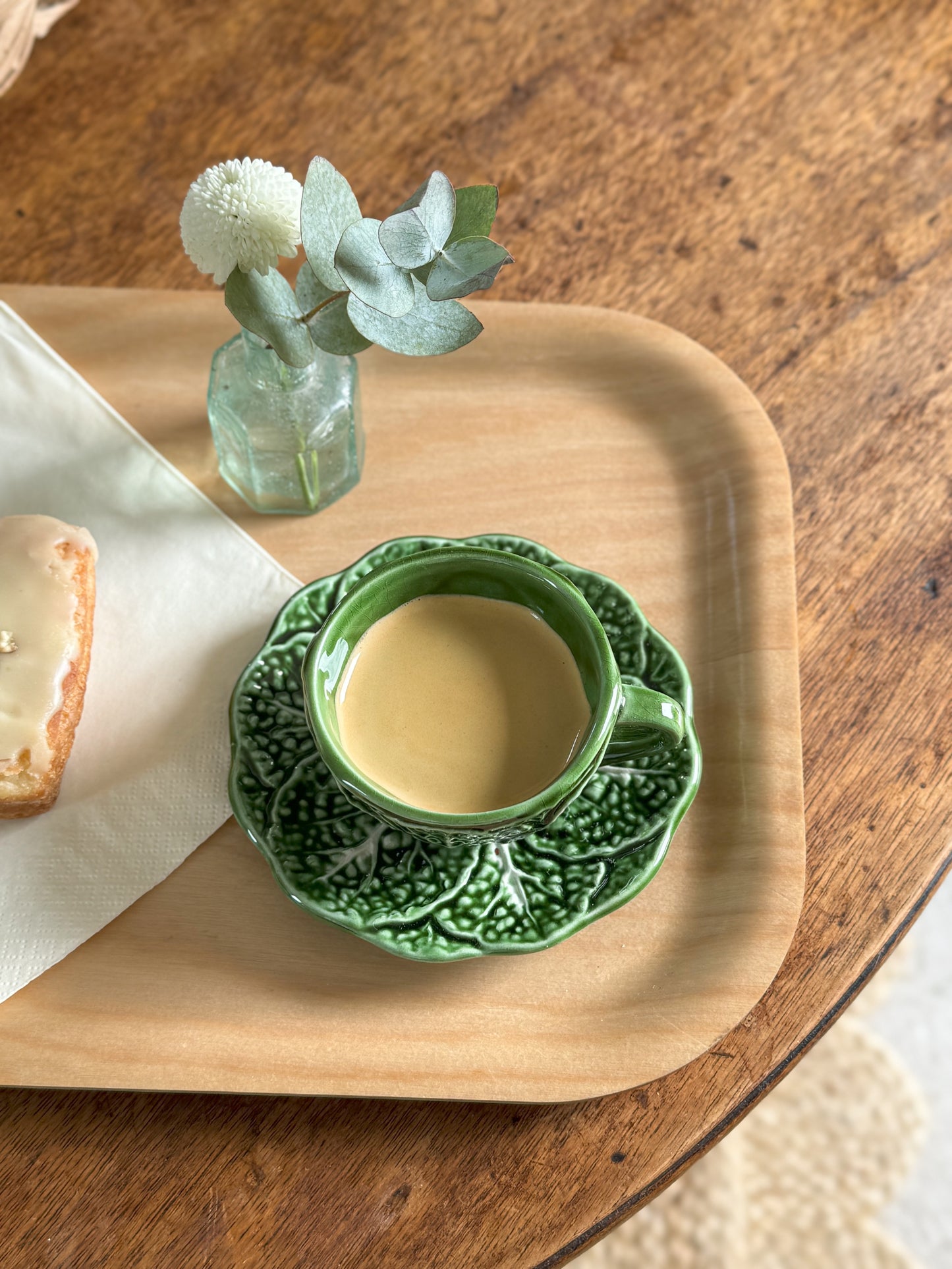 Antique Majolica Portuguese Cabbage Leaf Espresso Cup & Saucer
