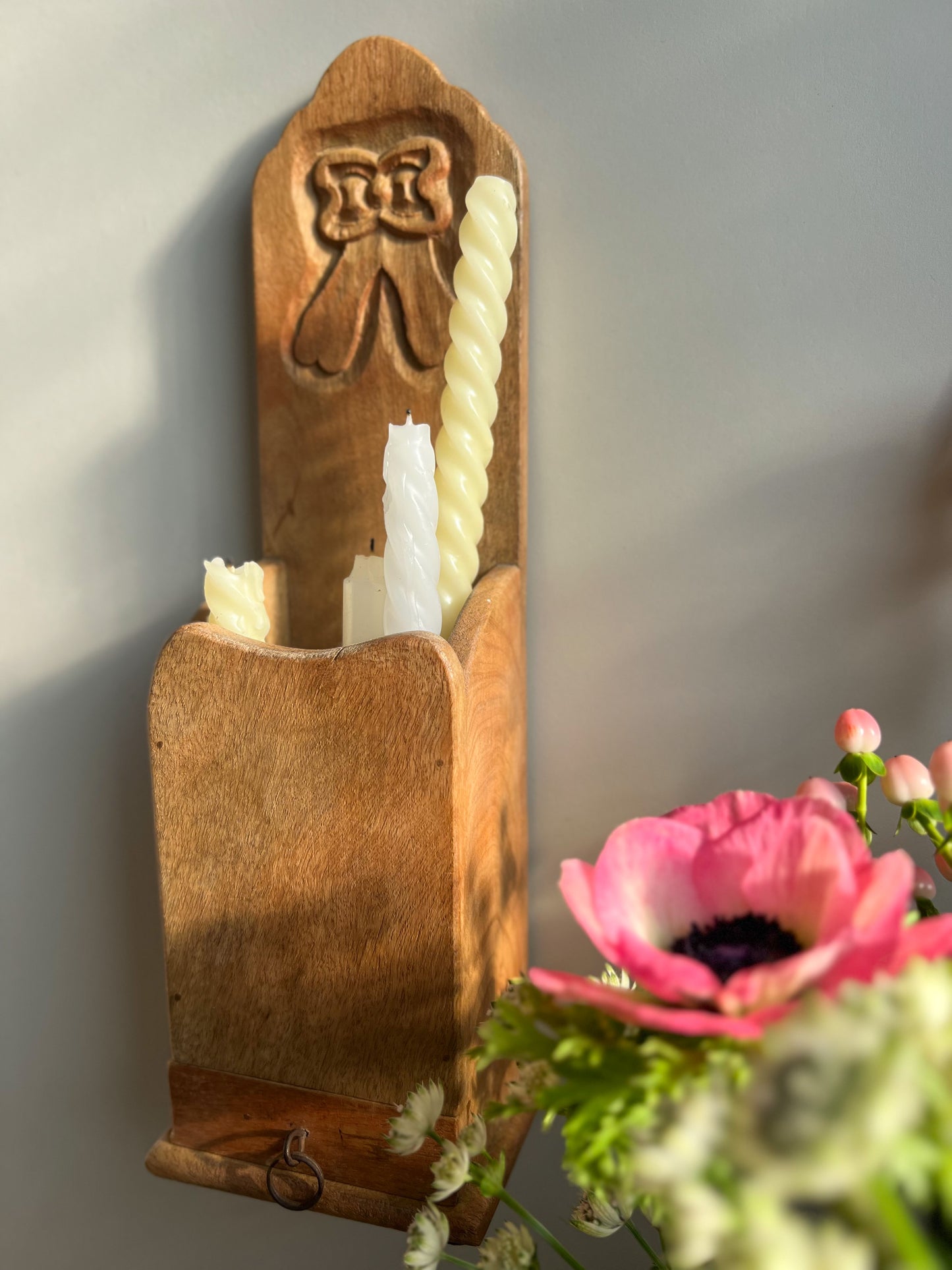 Vintage Hand-carved Bow Detail Candle Box with Match Box Drawer • Made in India