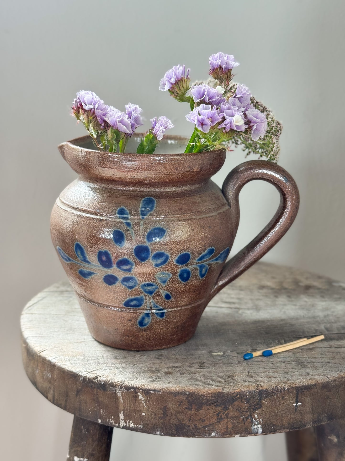 Antique French Glazed Stoneware Jug with Blue Floral Design