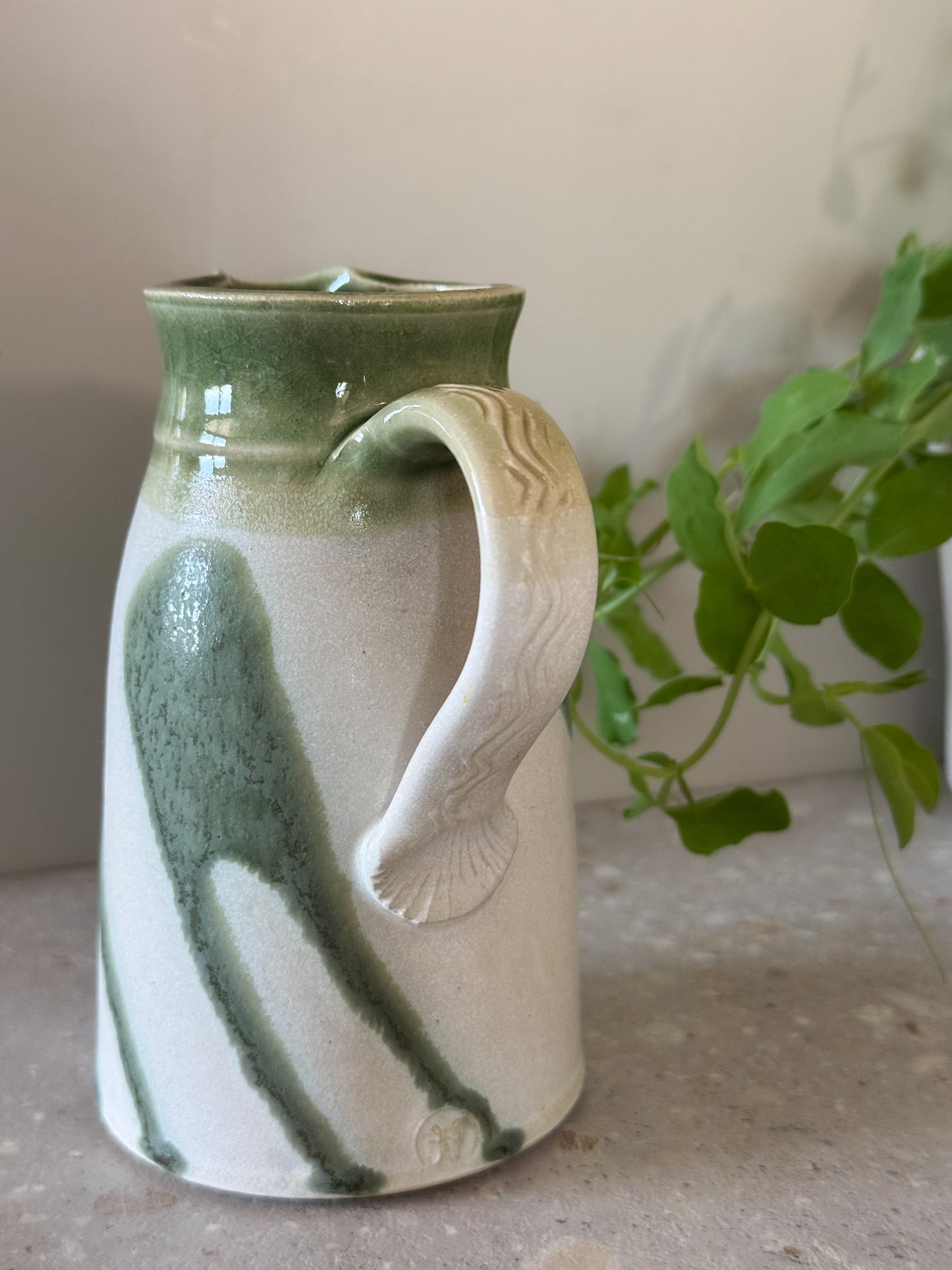 Tall Studio Pottery Milk Jug, Olive Green Drip Glaze